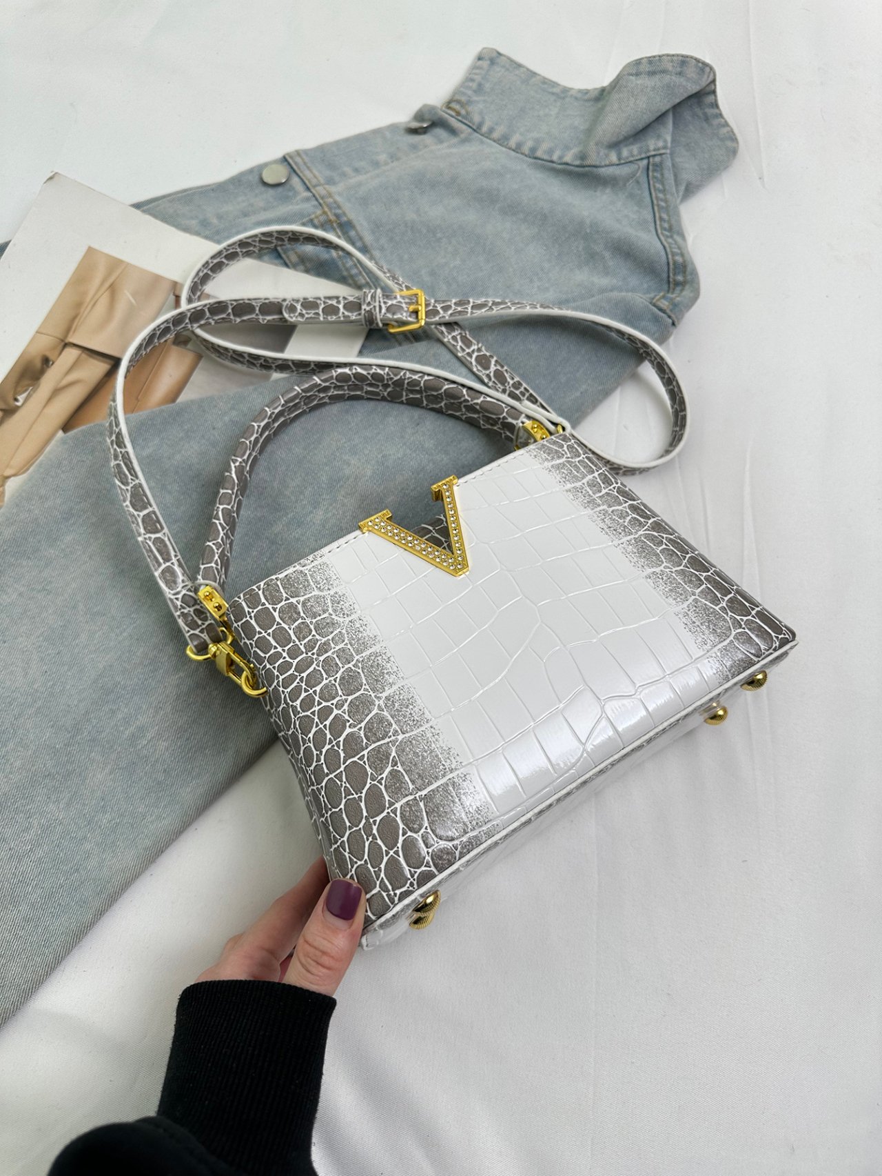 Grey Crocodile-Embossed Crossbody Bag