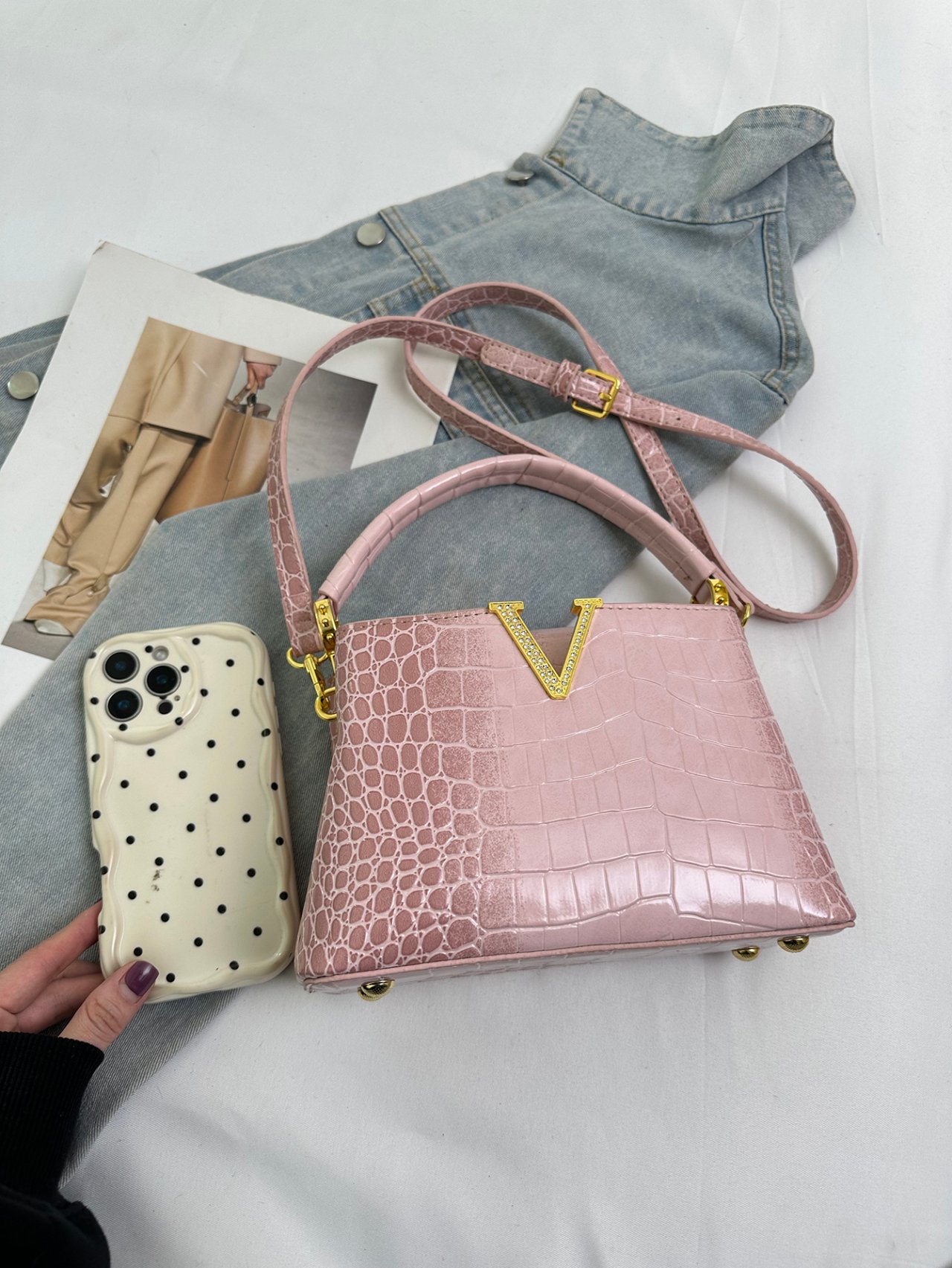 Pink Croc-Embossed Crossbody Bag with V Detail