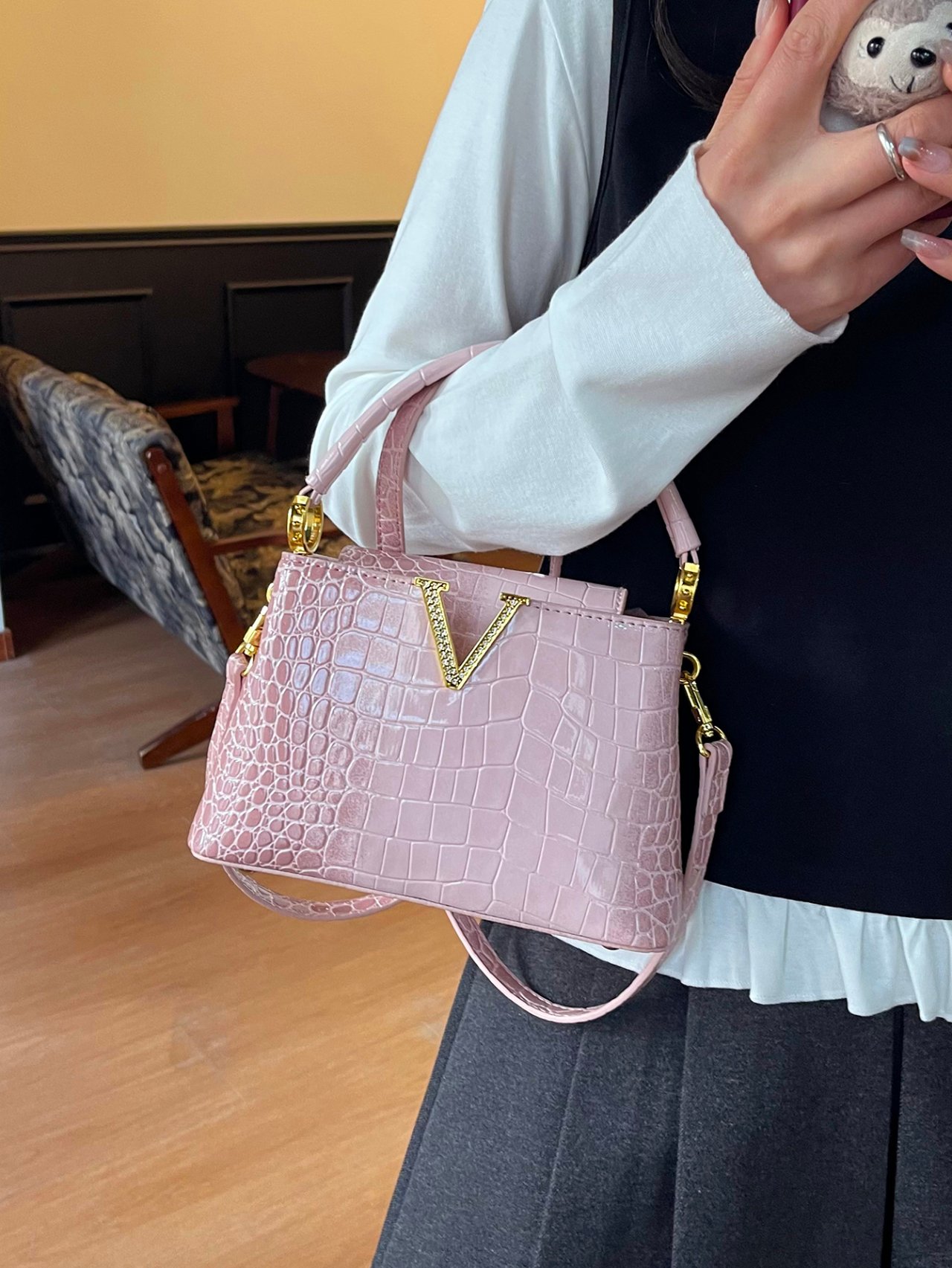 Pink Croc-Embossed Crossbody Bag with V Detail