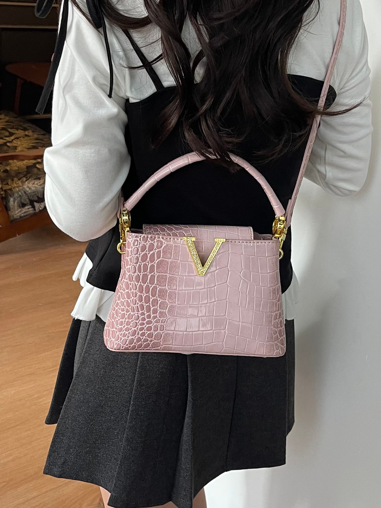 Pink Croc-Embossed Crossbody Bag with V Detail