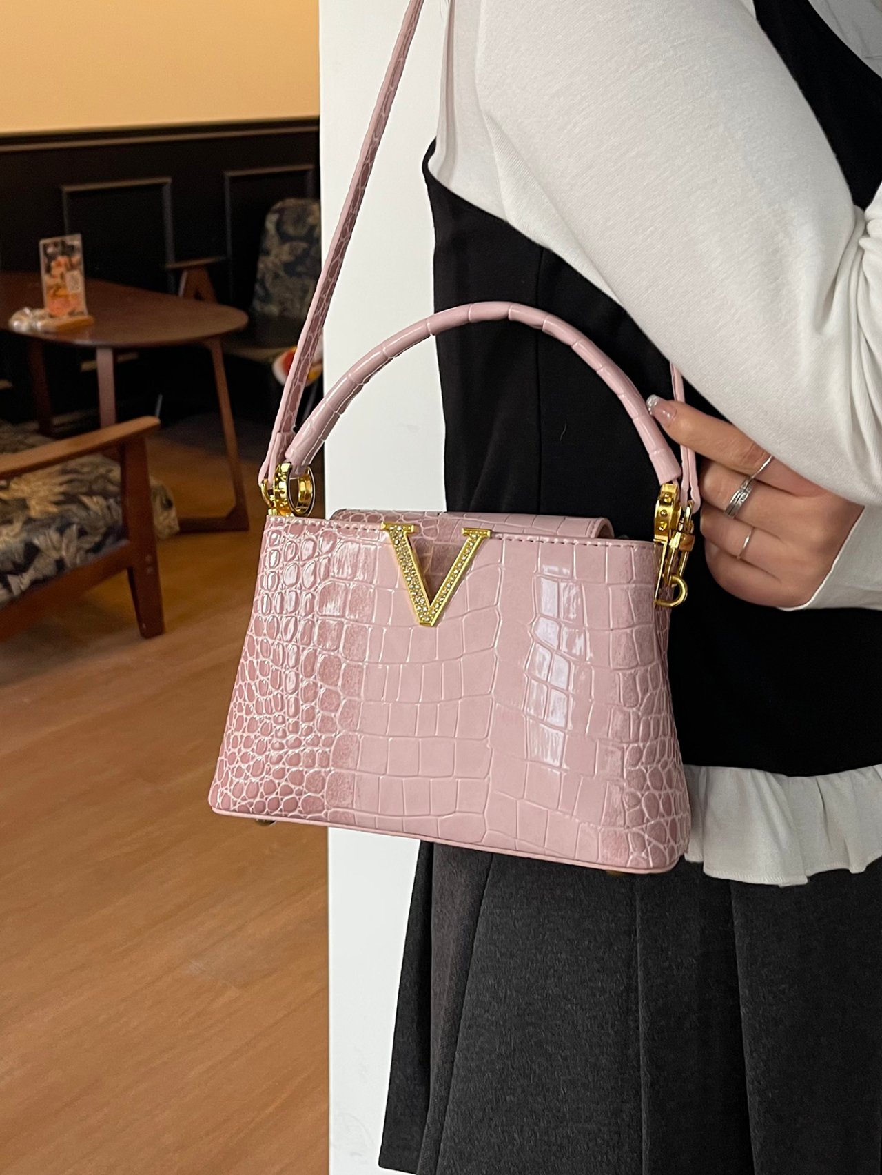 Pink Croc-Embossed Crossbody Bag with V Detail