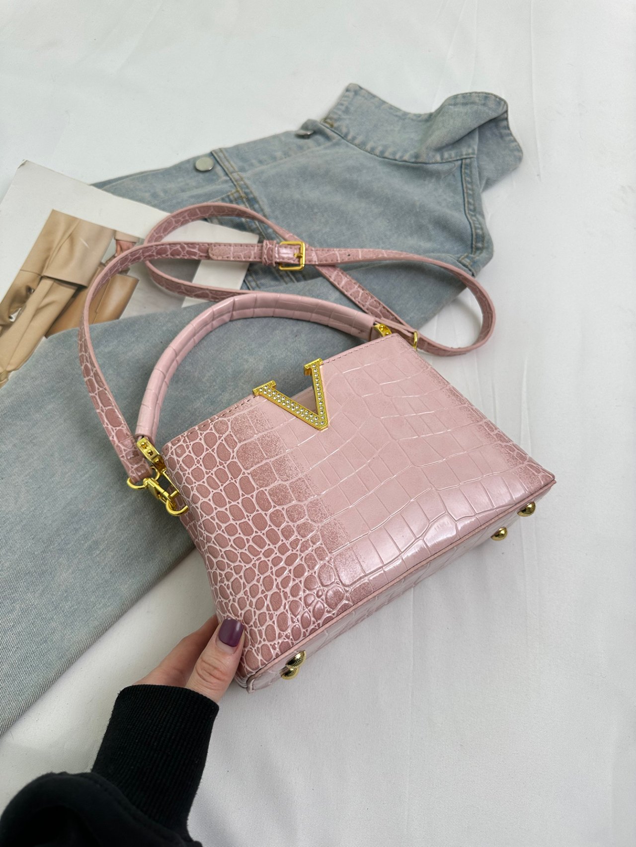 Pink Croc-Embossed Crossbody Bag with V Detail