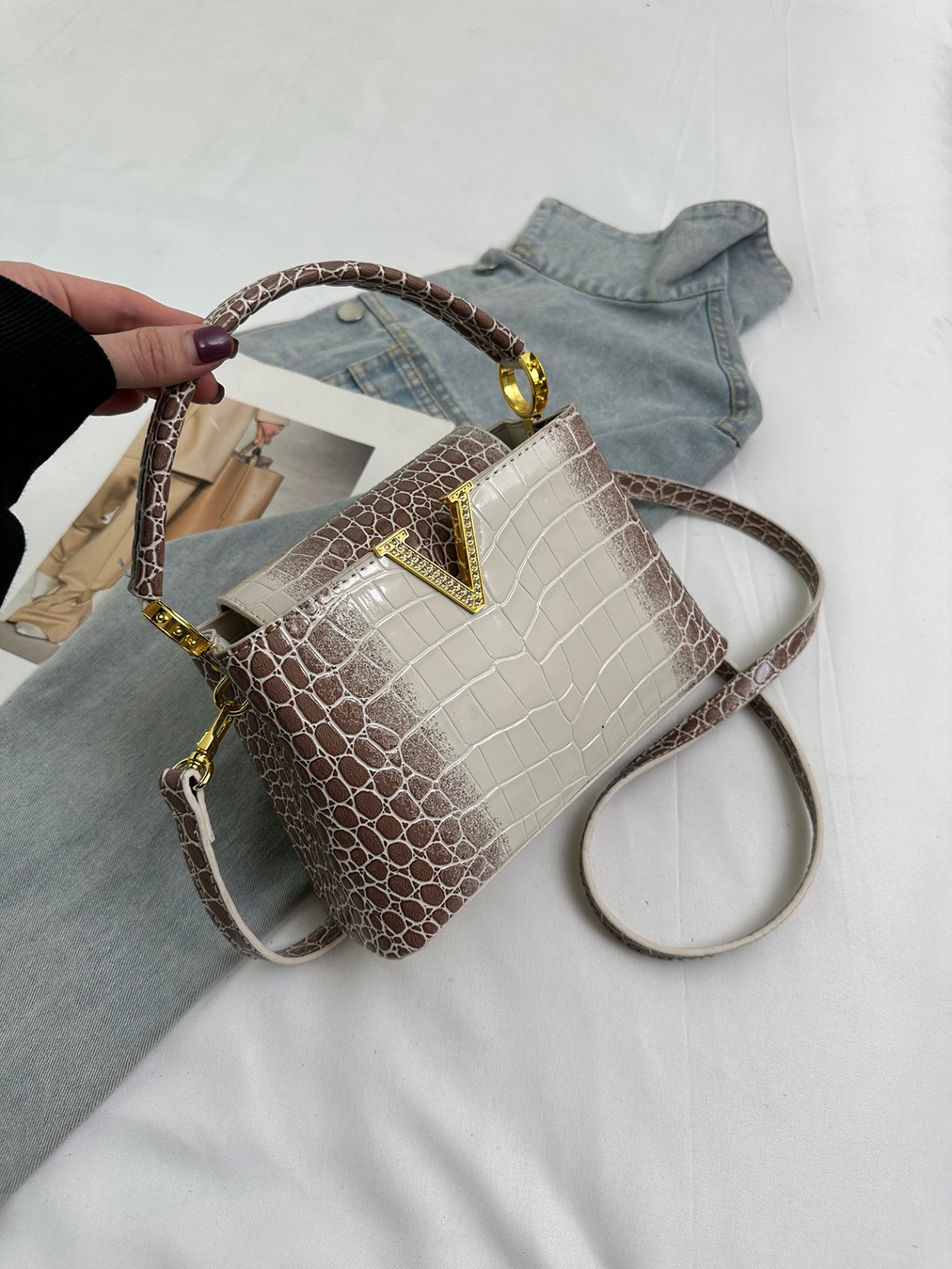 Khaki Croc-Embossed Crossbody Bag with V Accent