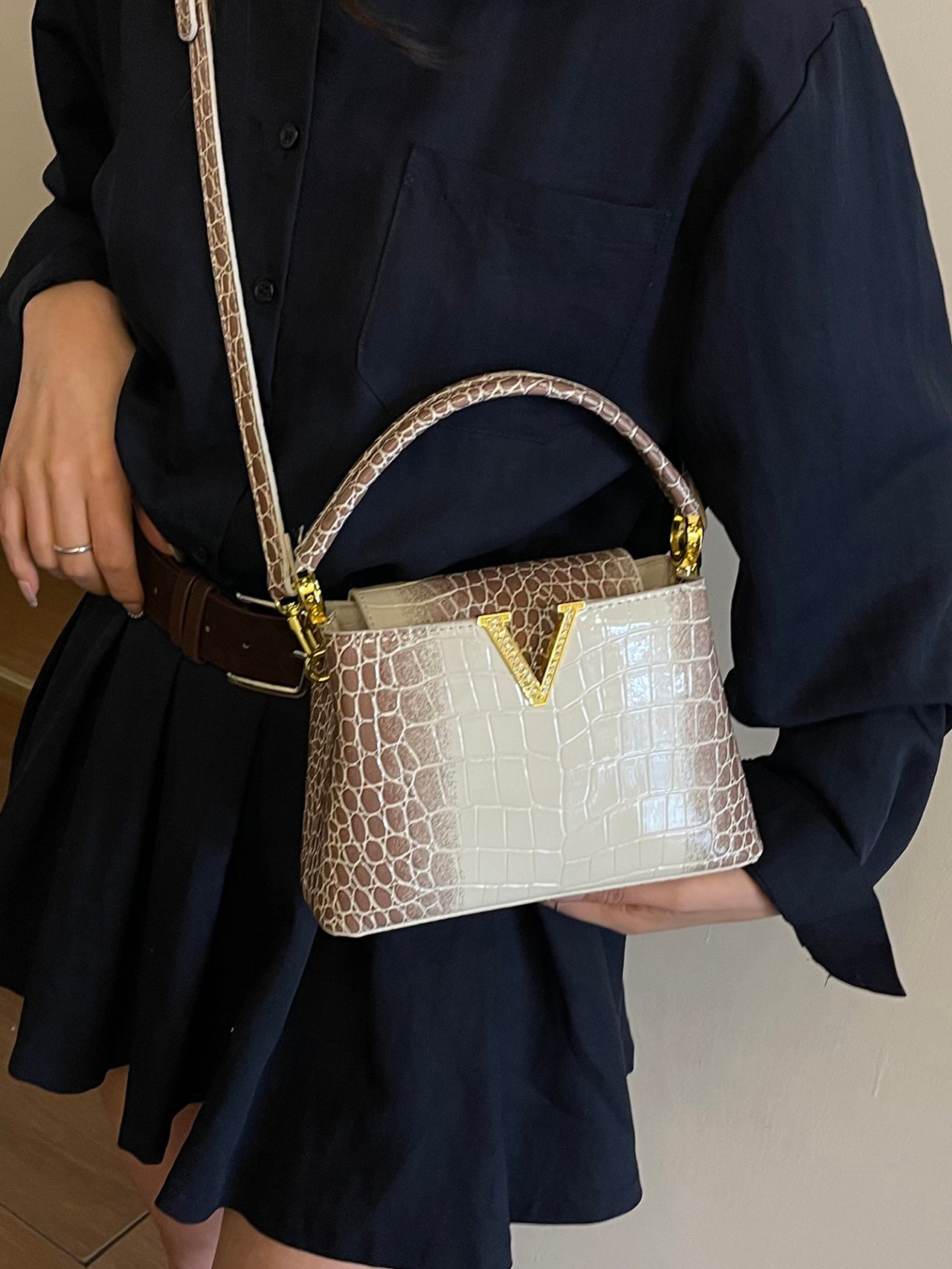 Khaki Croc-Embossed Crossbody Bag with V Accent