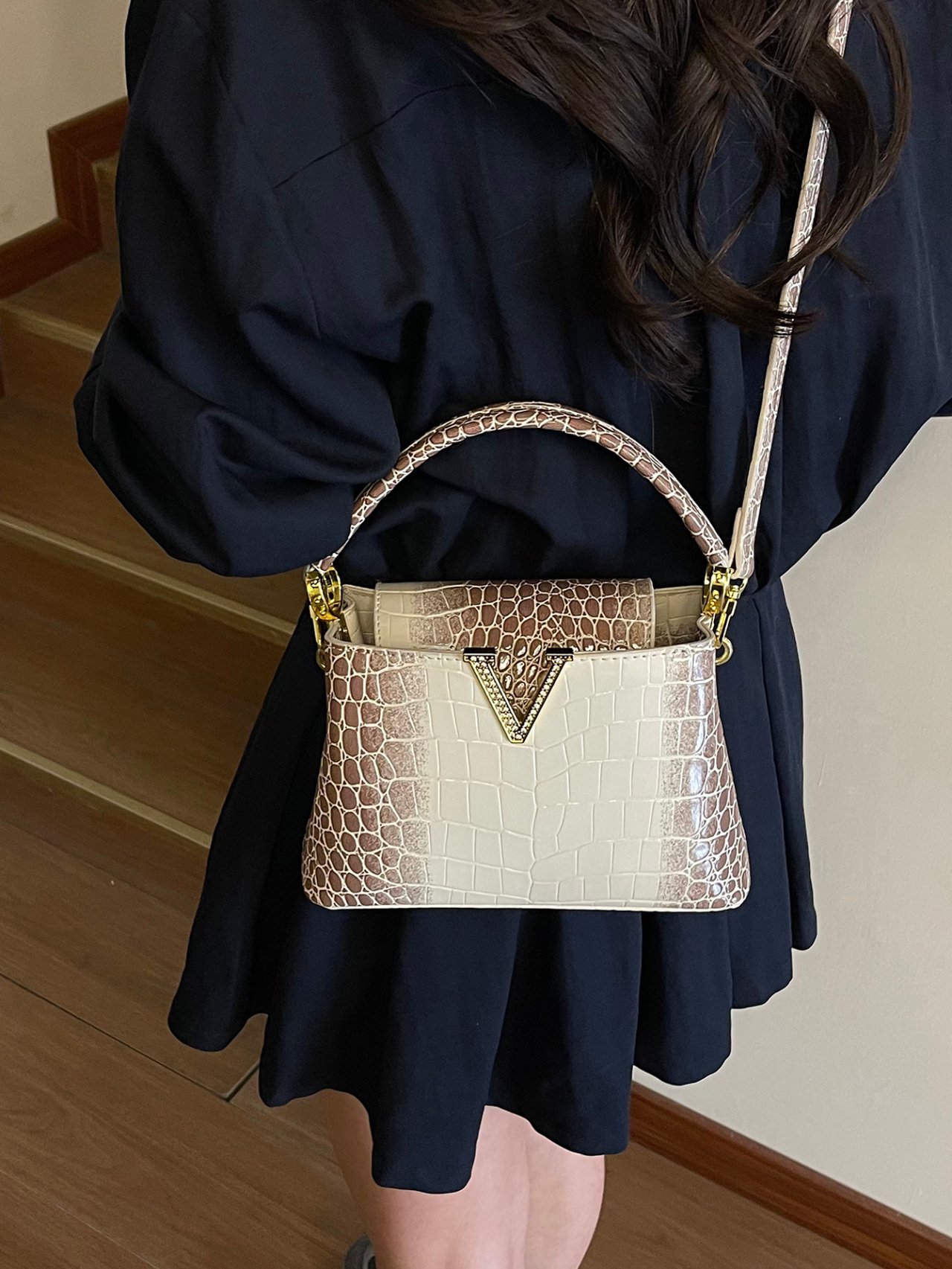 Khaki Croc-Embossed Crossbody Bag with V Accent