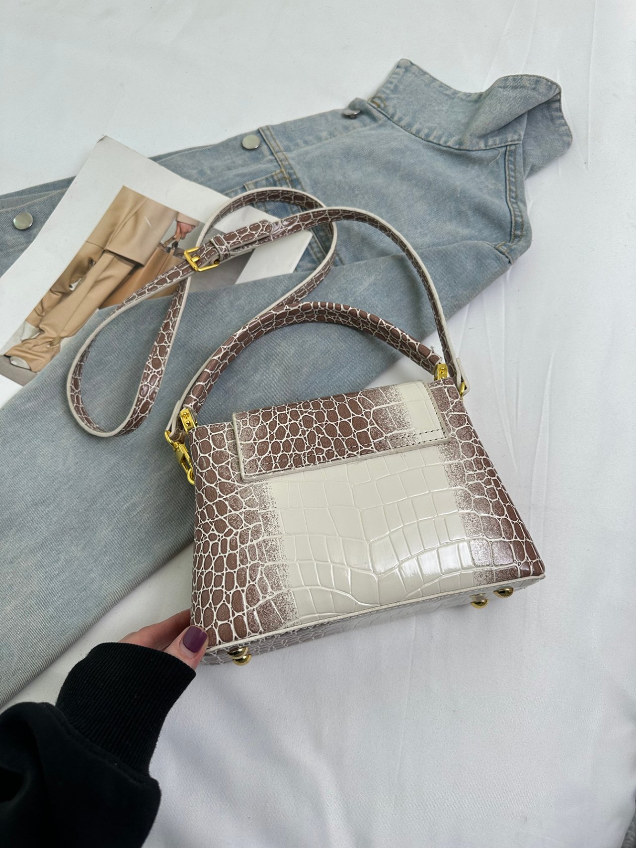 Khaki Croc-Embossed Crossbody Bag with V Accent
