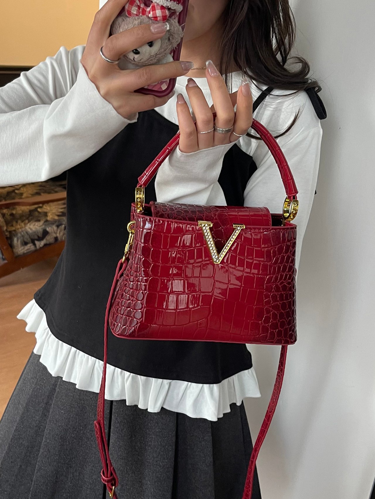 Red Croc-Embossed Crossbody Bag