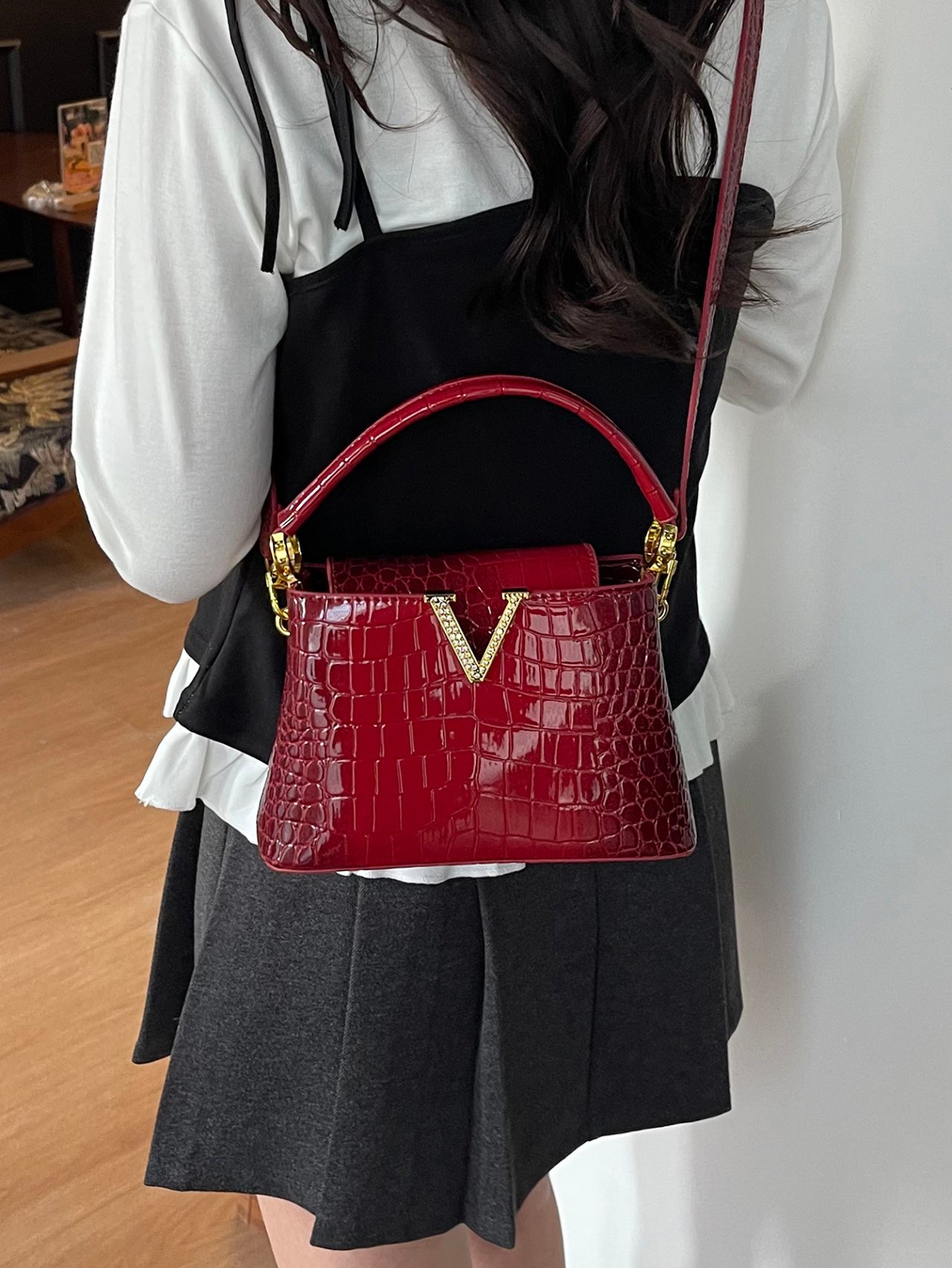 Red Croc-Embossed Crossbody Bag