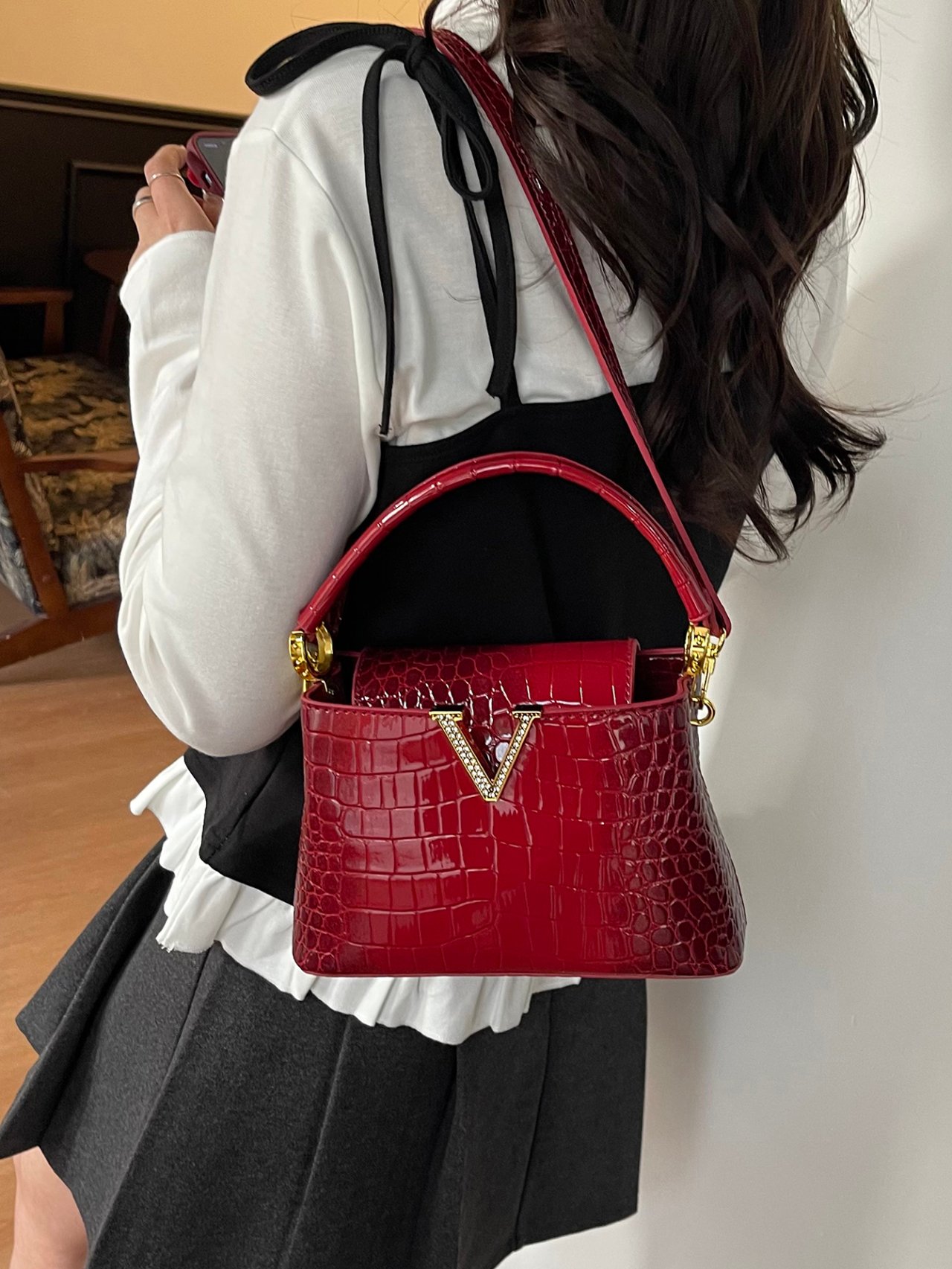 Red Croc-Embossed Crossbody Bag