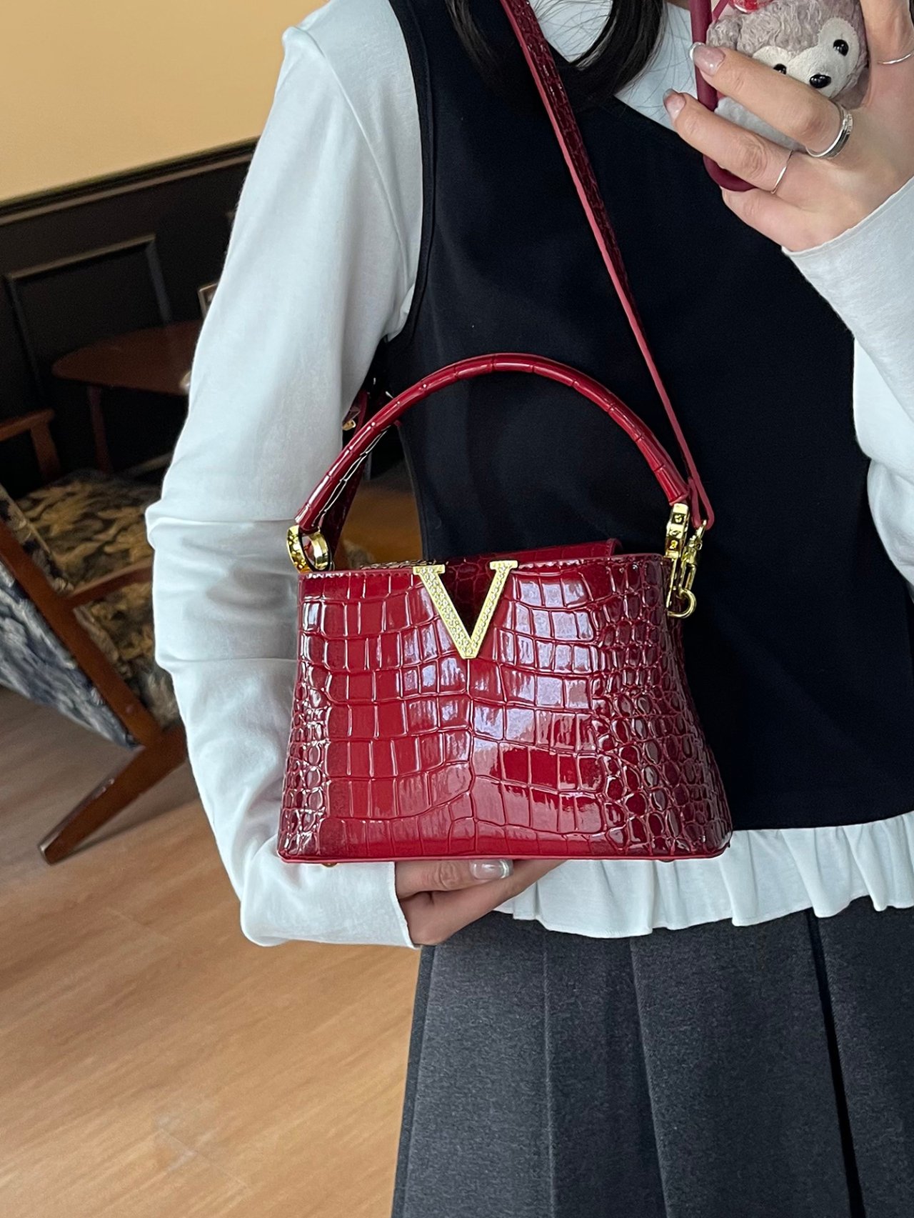 Red Croc-Embossed Crossbody Bag