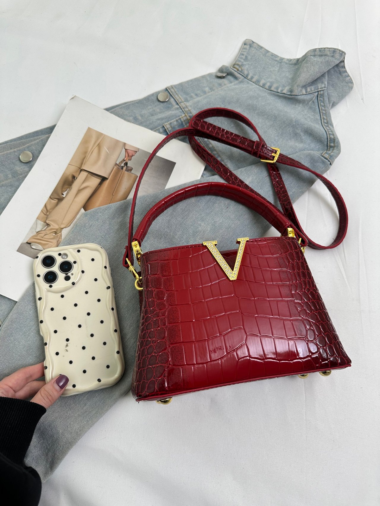 Red Croc-Embossed Crossbody Bag