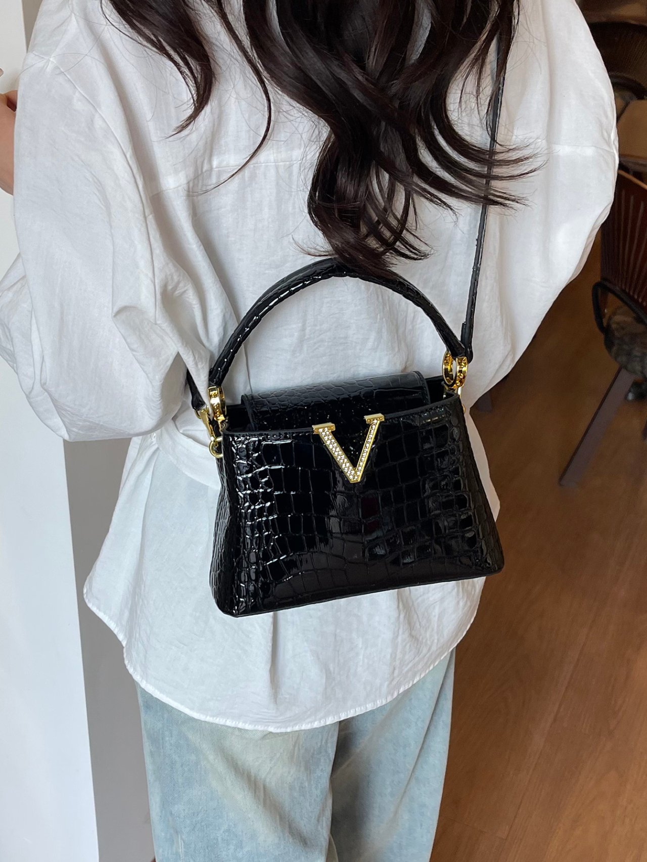 Black Croc-Embossed Crossbody Bag with V-Accent