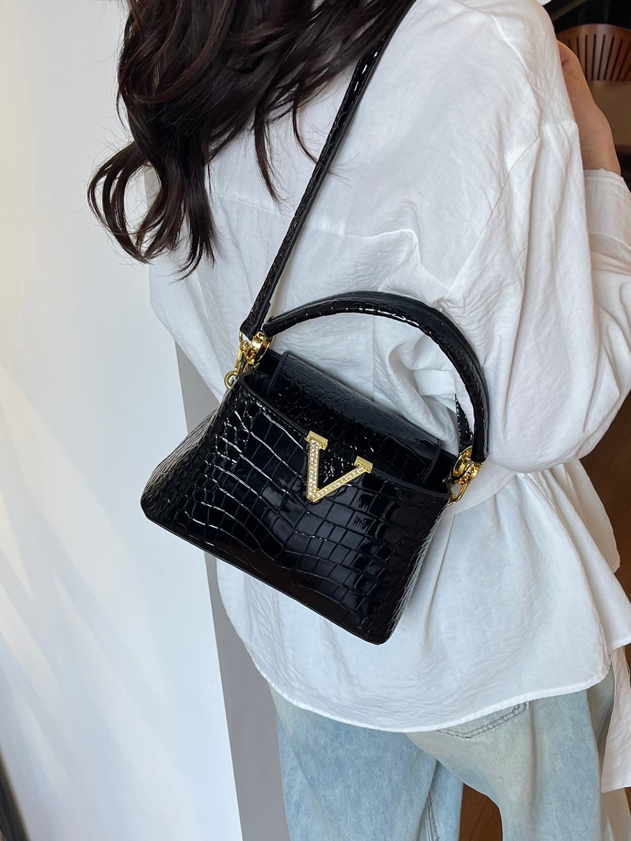 Black Croc-Embossed Crossbody Bag with V-Accent
