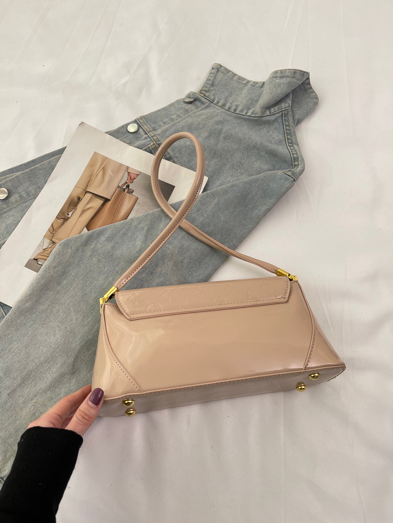 Khaki Patent Faux Leather Shoulder Bag with Gold Accents