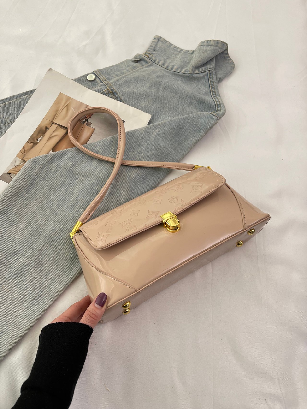 Khaki Patent Faux Leather Shoulder Bag with Gold Accents
