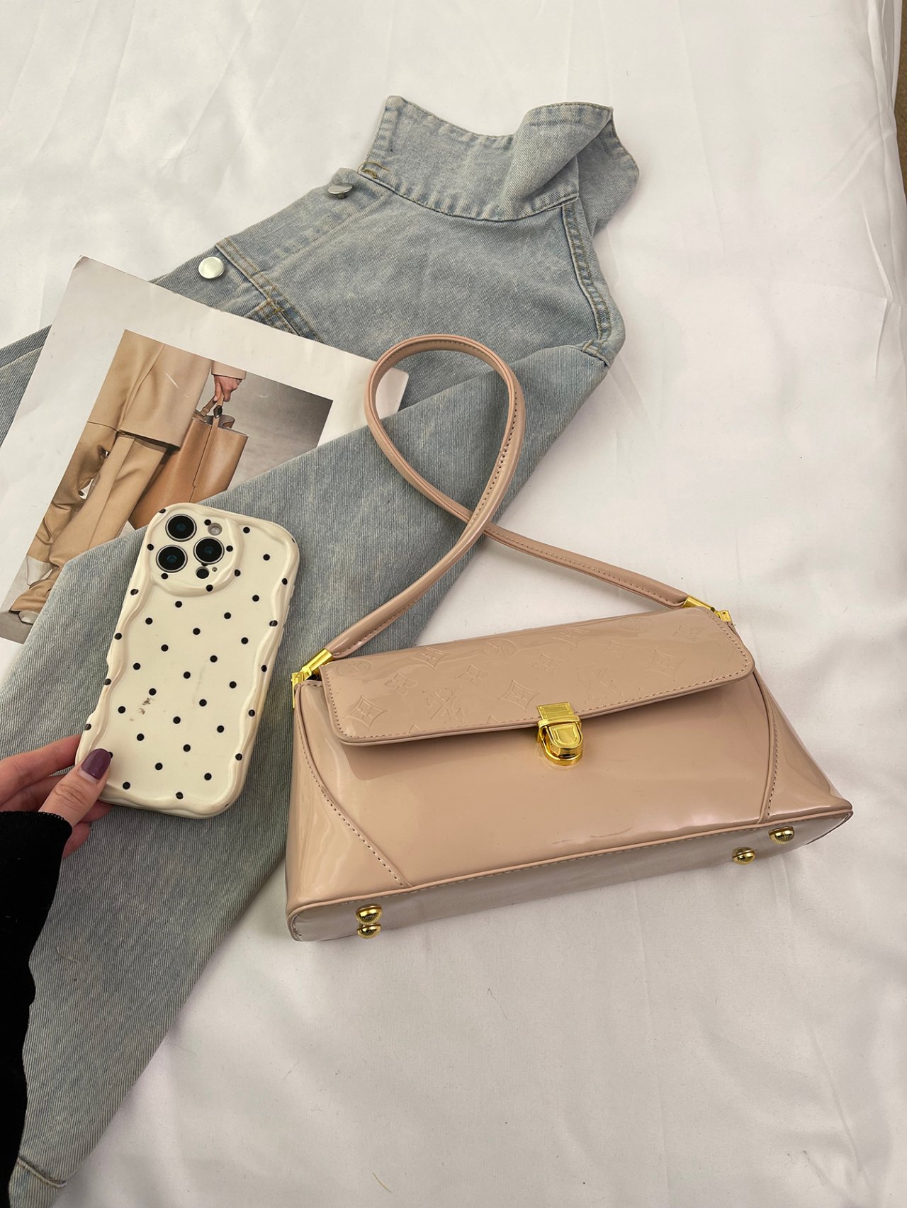 Khaki Patent Faux Leather Shoulder Bag with Gold Accents