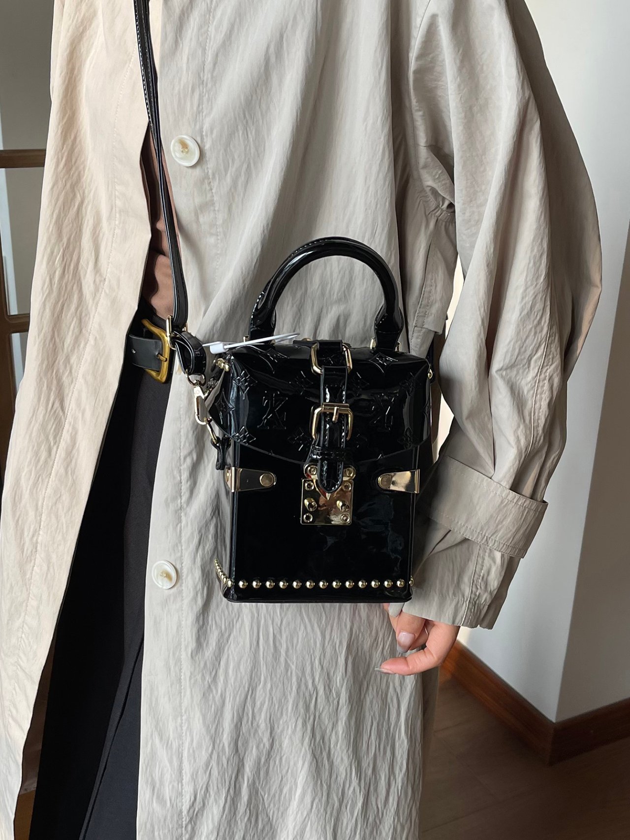 Black Patent Faux Leather Crossbody Bag with Studs
