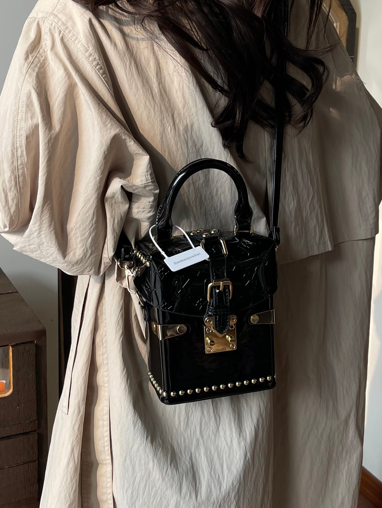 Black Patent Faux Leather Crossbody Bag with Studs