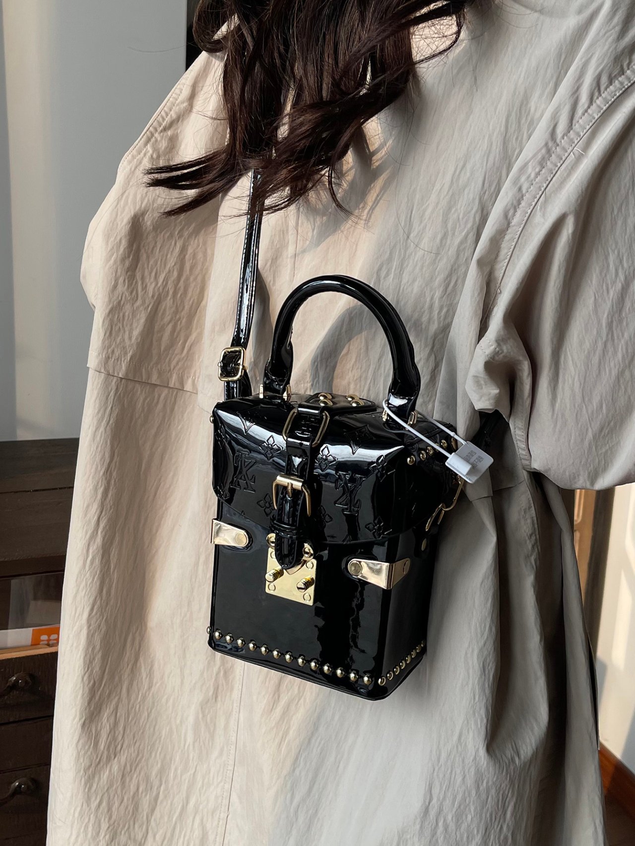 Black Patent Faux Leather Crossbody Bag with Studs