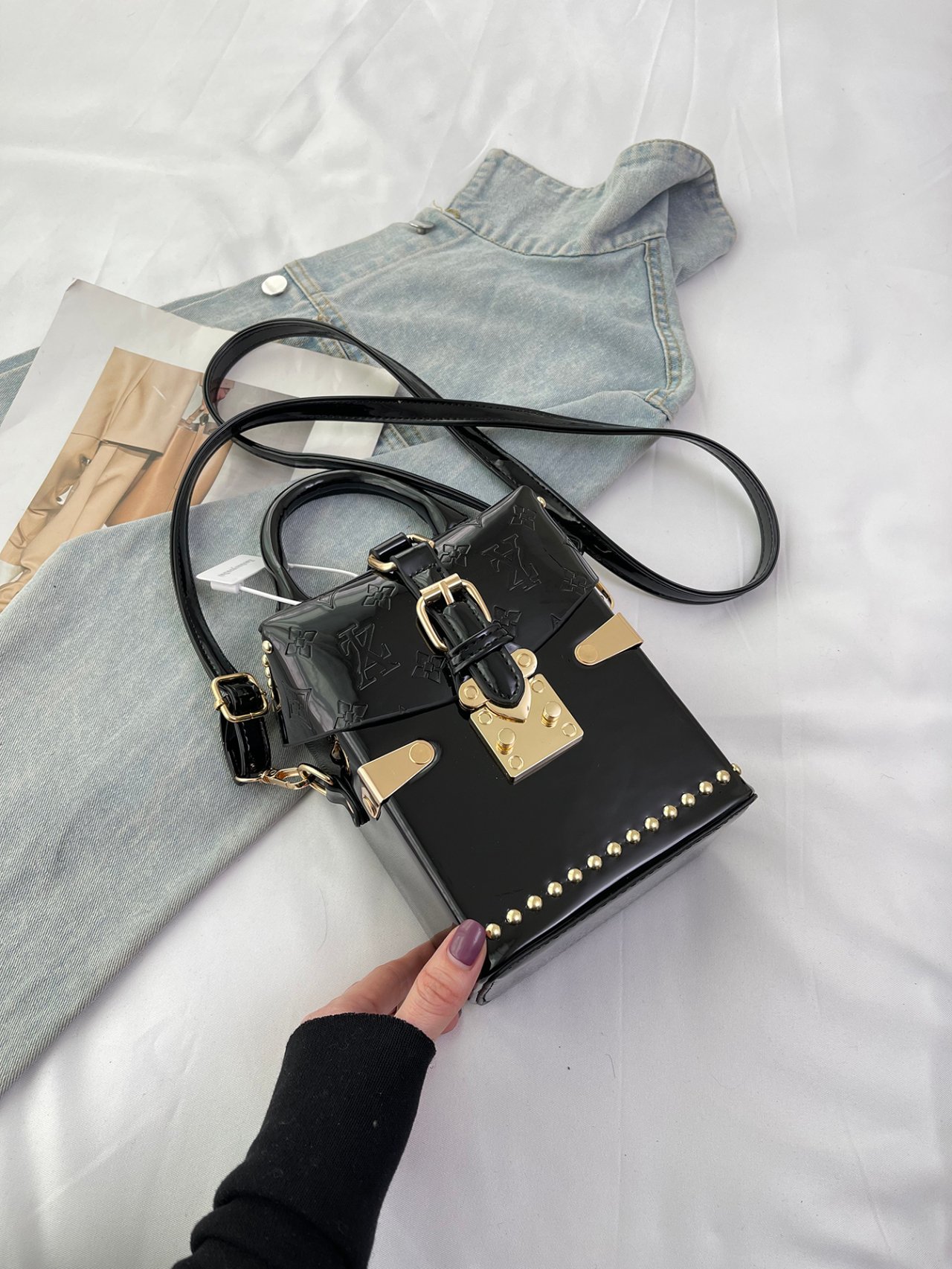 Black Patent Faux Leather Crossbody Bag with Studs