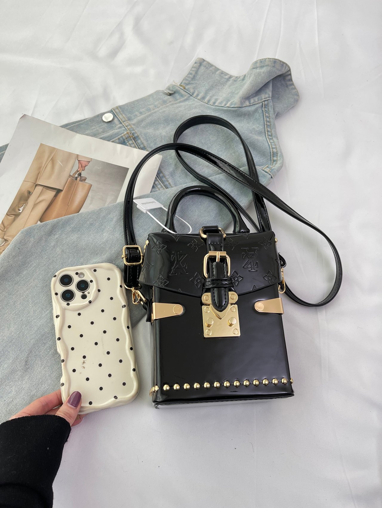 Black Patent Faux Leather Crossbody Bag with Studs
