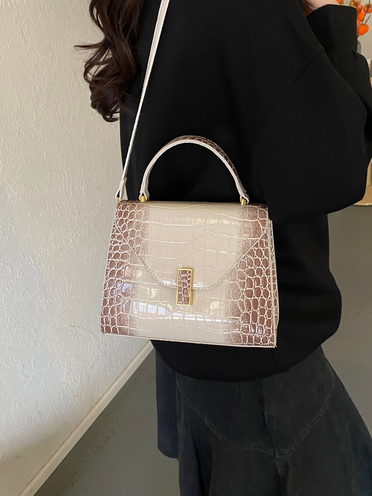 Khaki Croc-Embossed Crossbody Bag