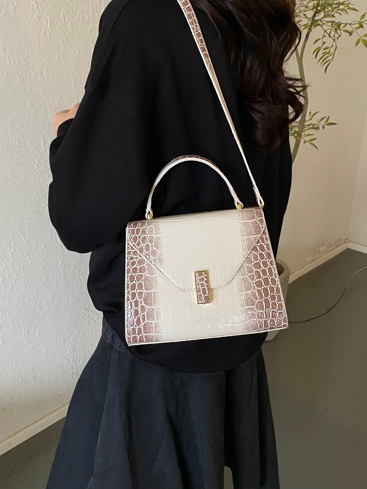 Khaki Croc-Embossed Crossbody Bag