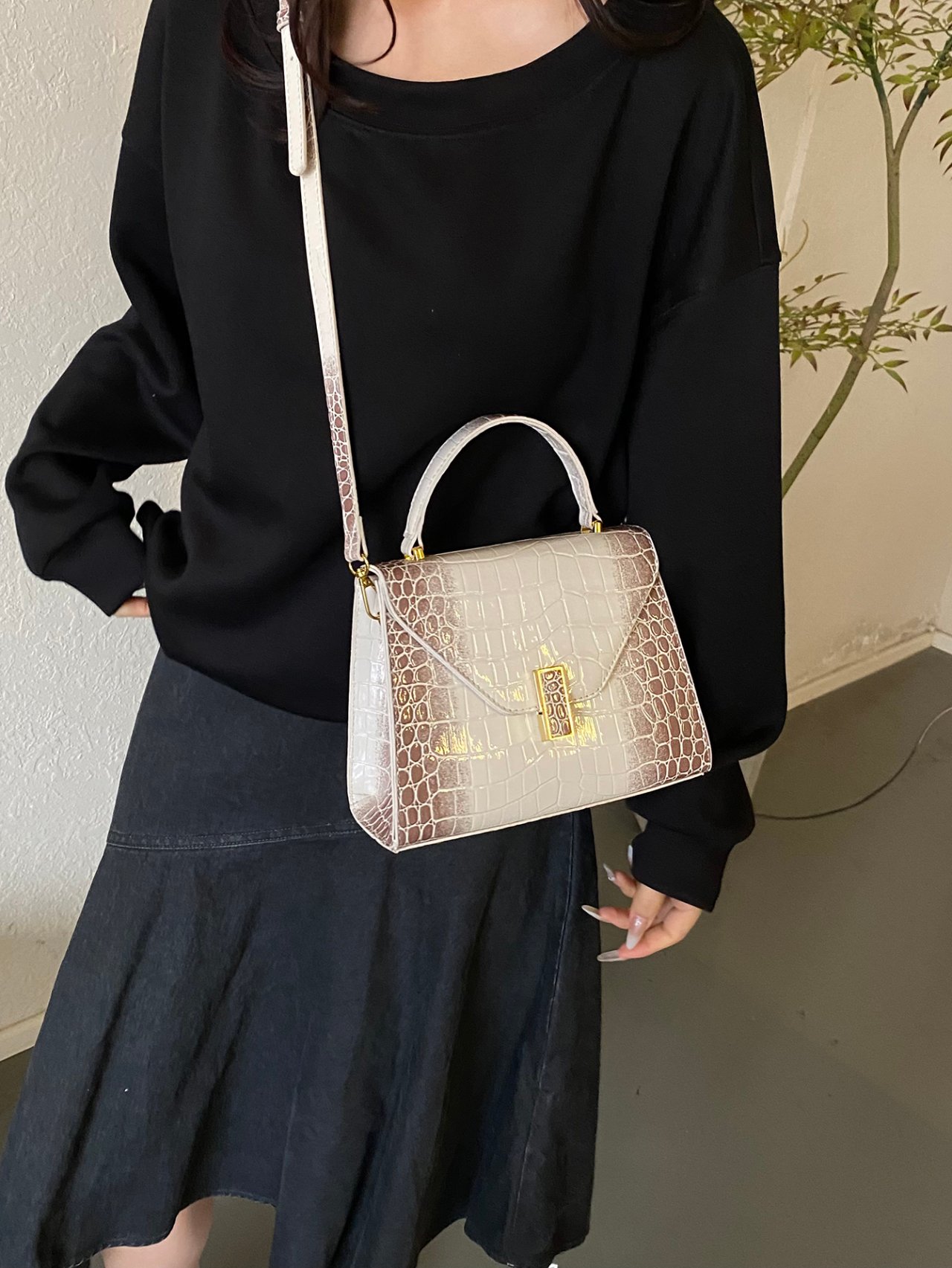 Khaki Croc-Embossed Crossbody Bag