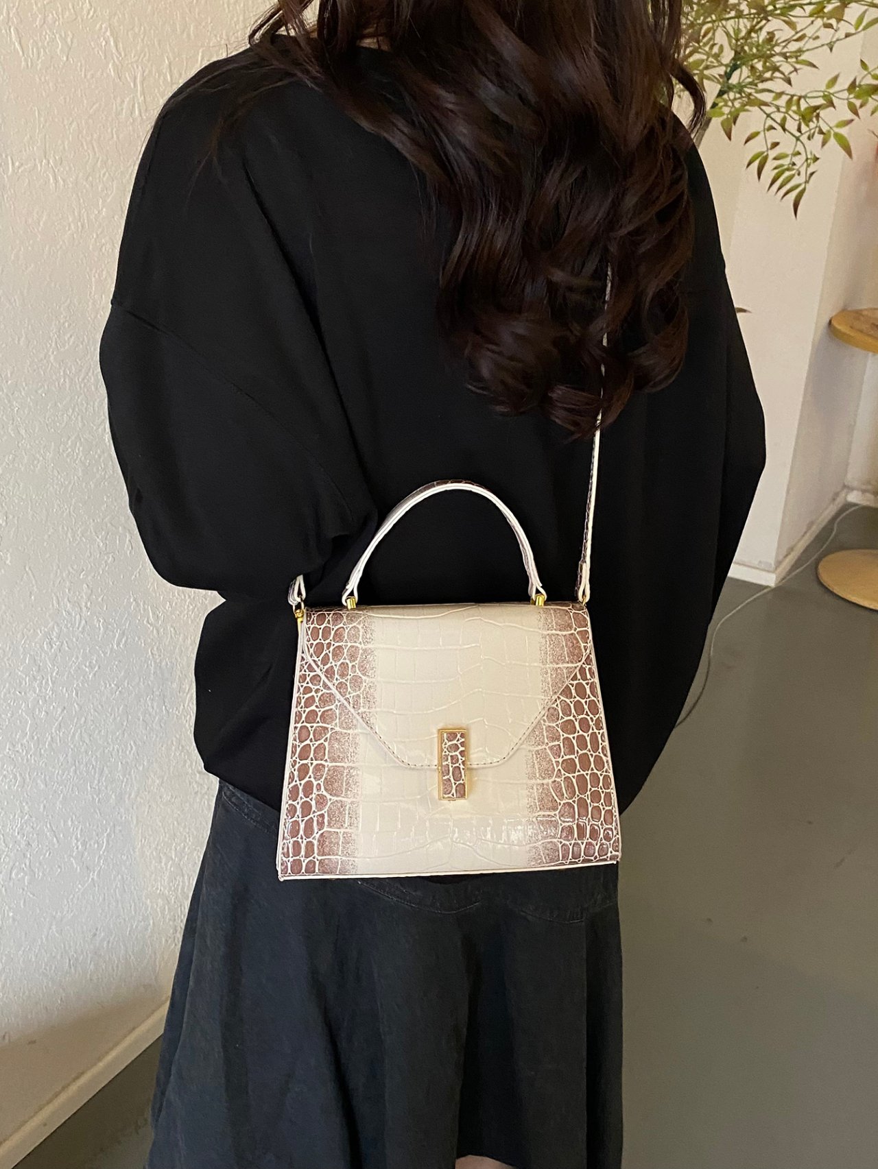 Khaki Croc-Embossed Crossbody Bag