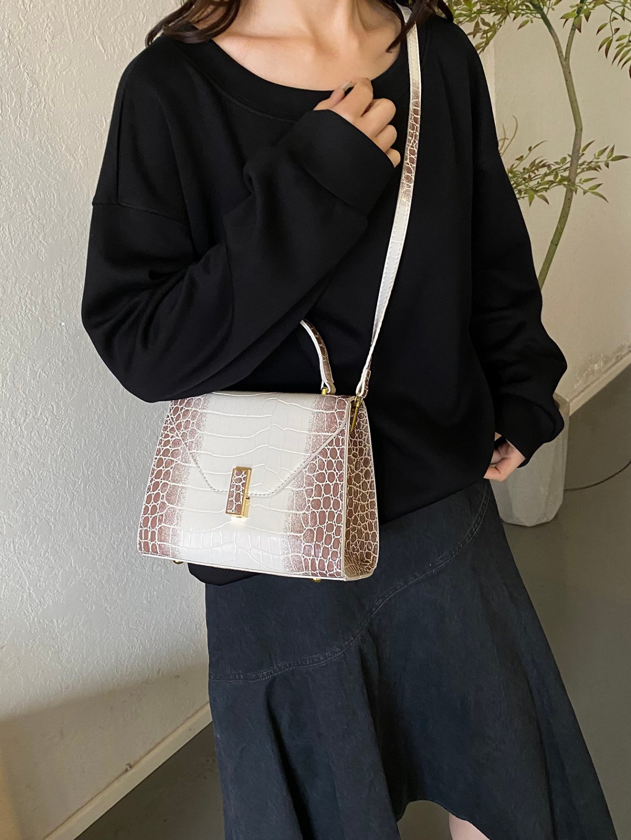 Khaki Croc-Embossed Crossbody Bag