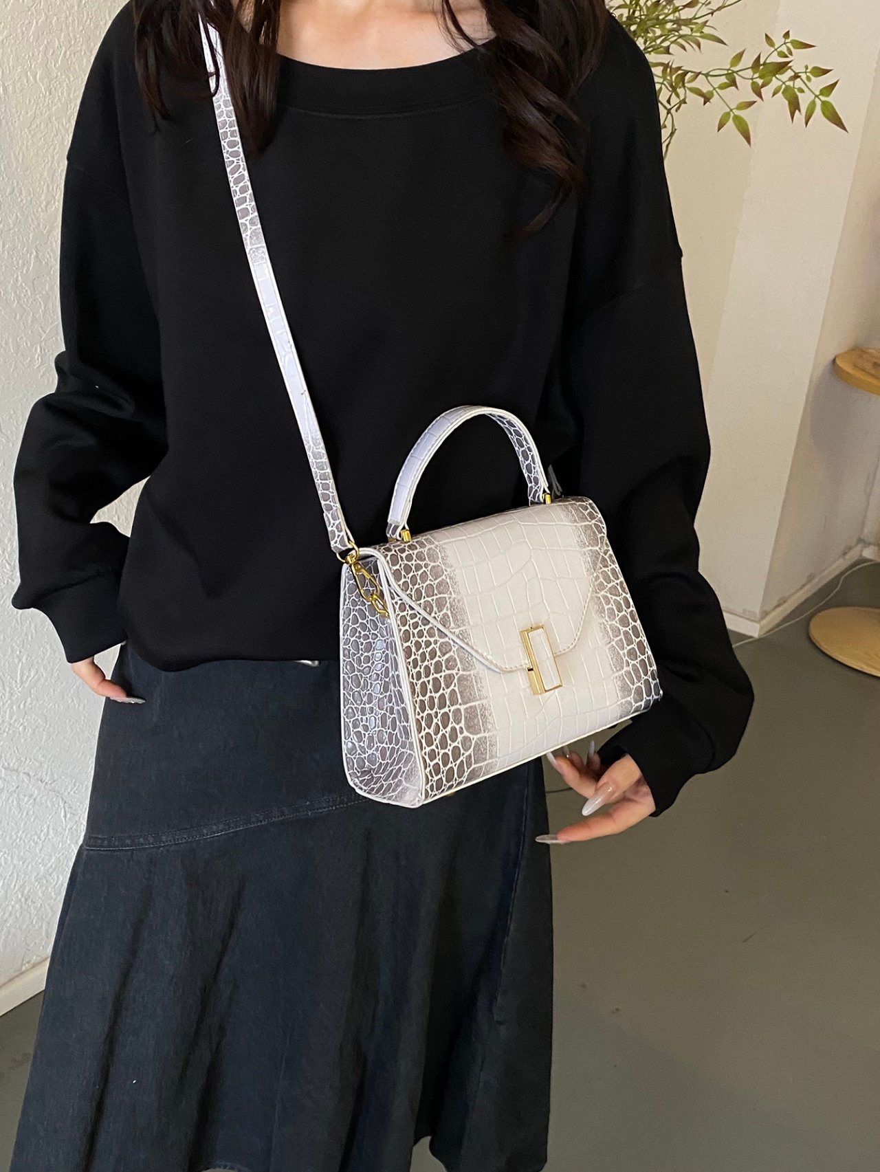 White Croc Embossed Crossbody Bag