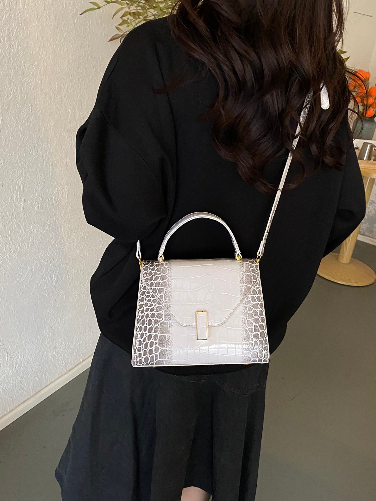 White Croc Embossed Crossbody Bag
