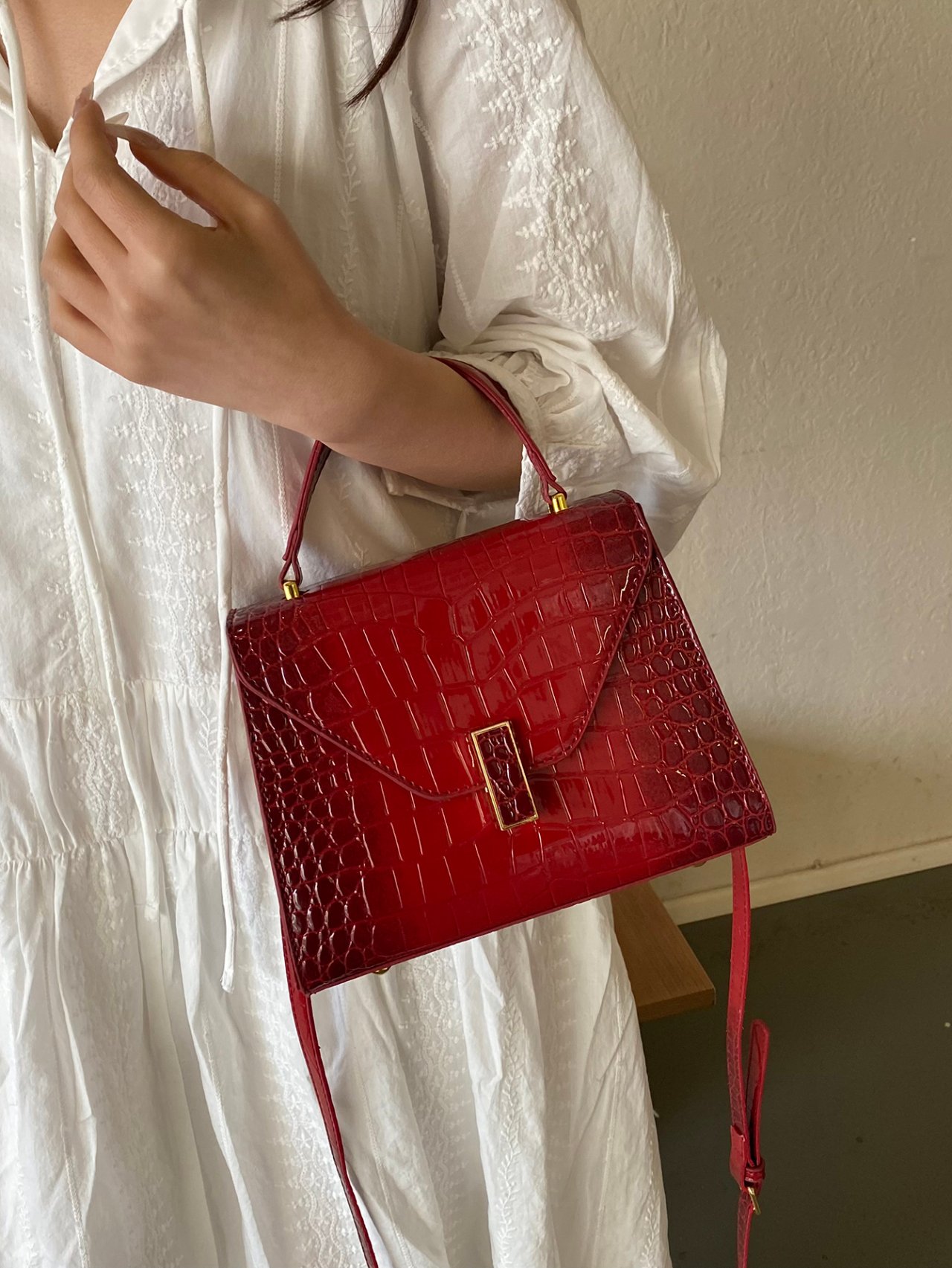 Red Croc-Embossed Crossbody Bag