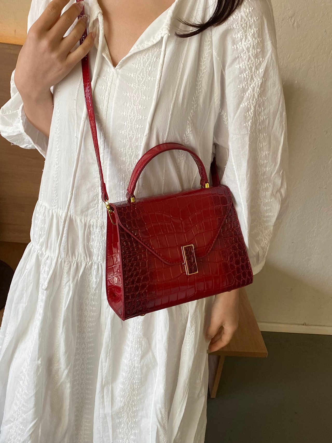 Red Croc-Embossed Crossbody Bag