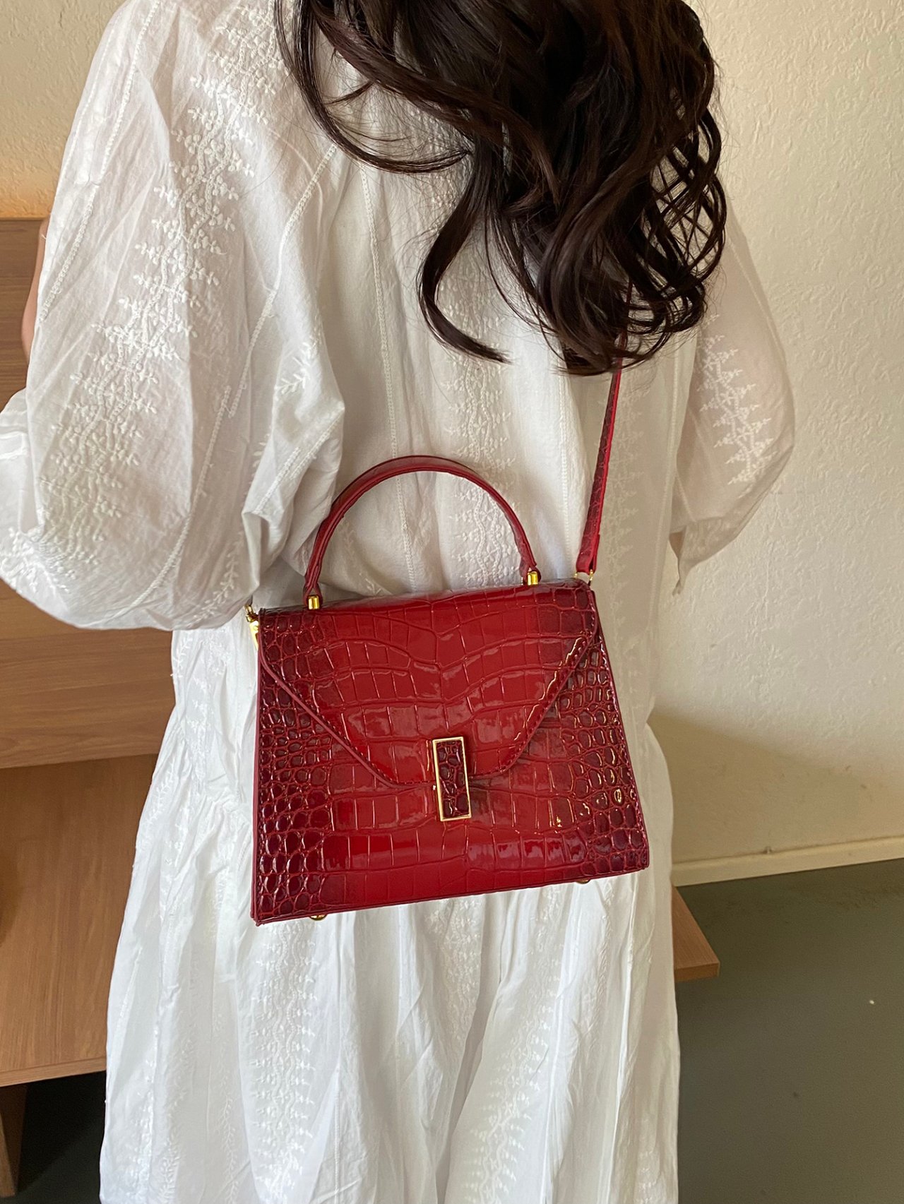 Red Croc-Embossed Crossbody Bag