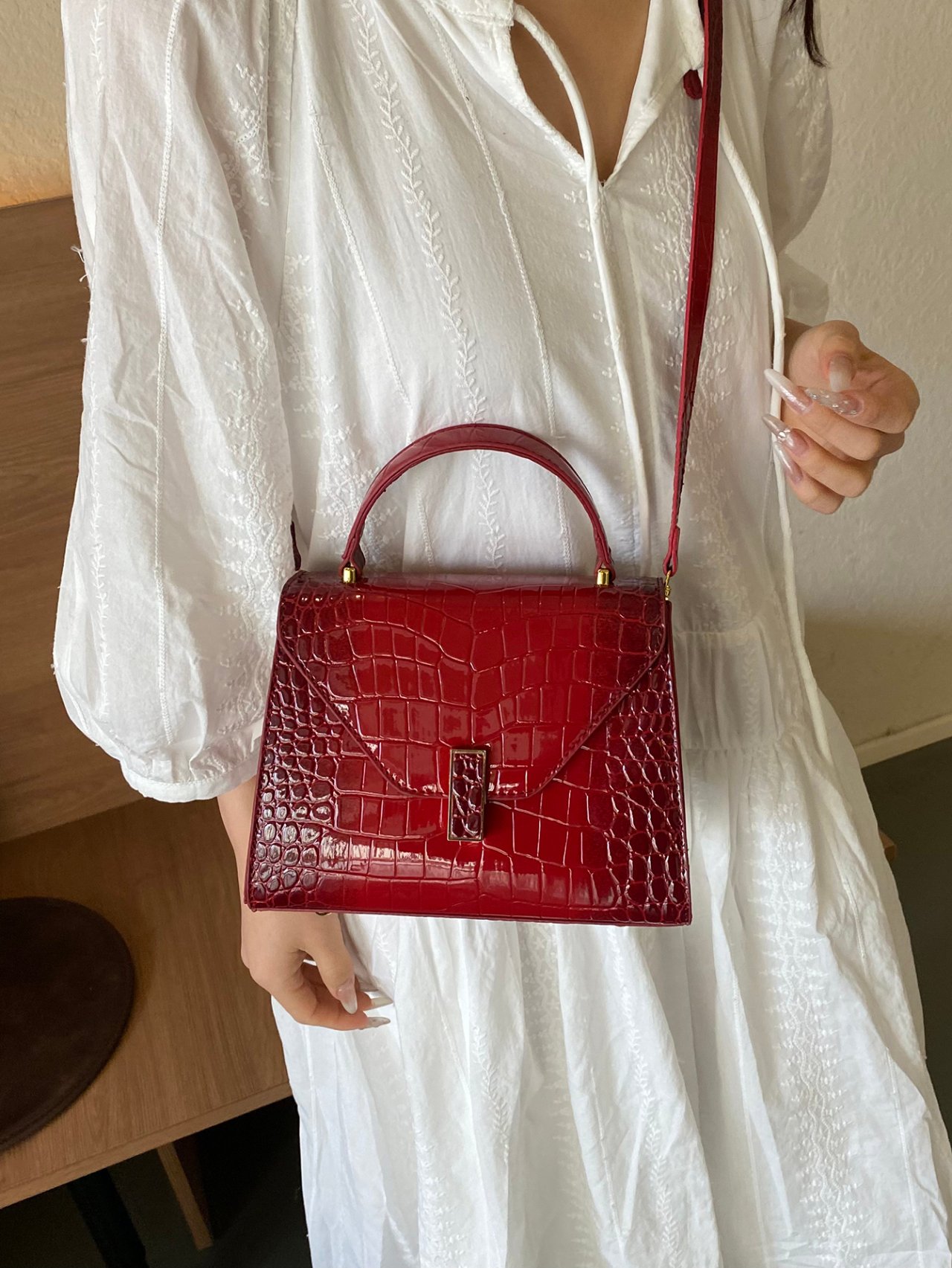 Red Croc-Embossed Crossbody Bag