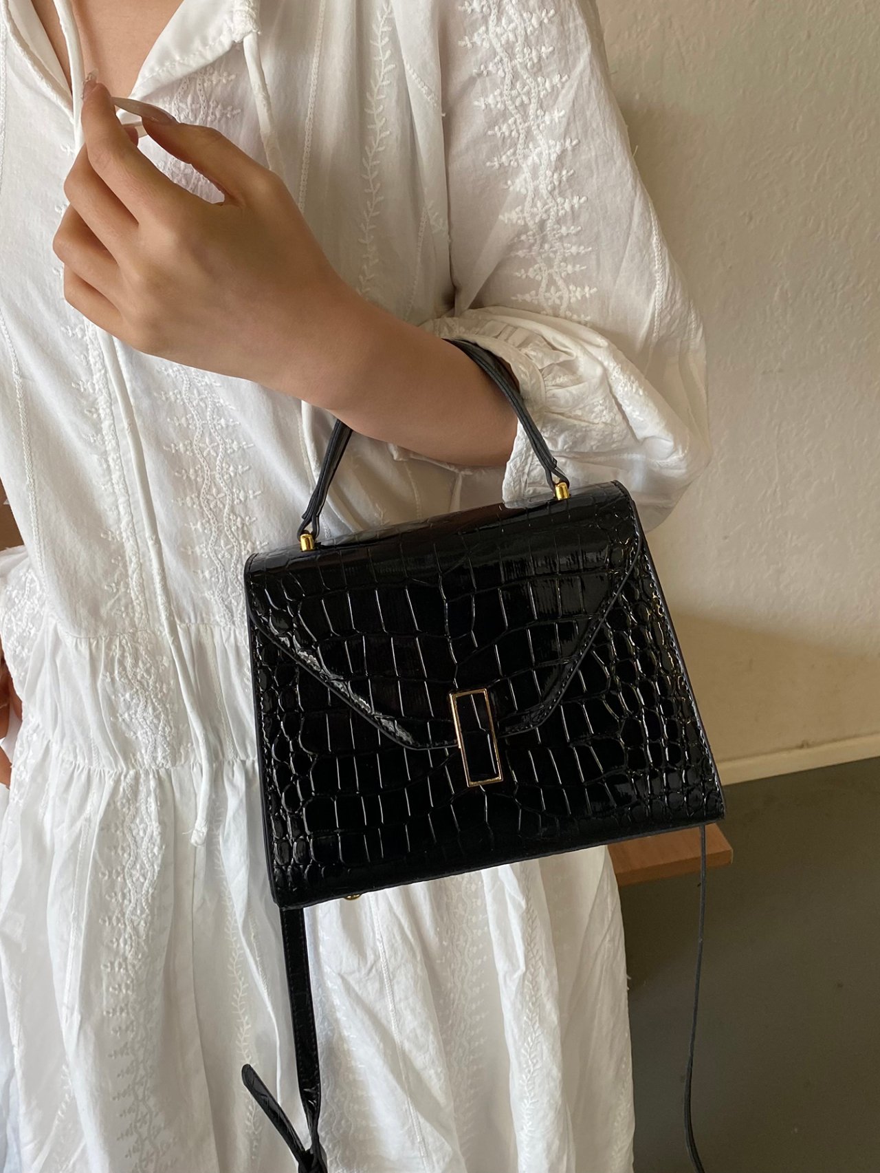 Black Croc-Embossed Crossbody Bag