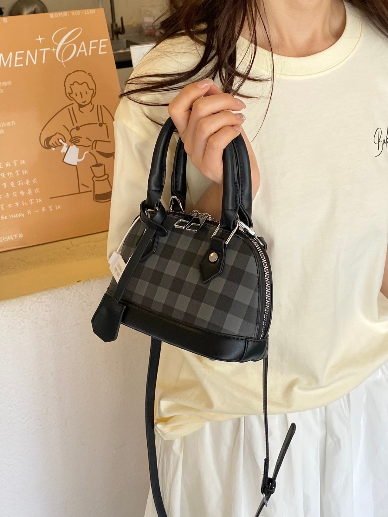 Black Plaid Dome Crossbody Bag