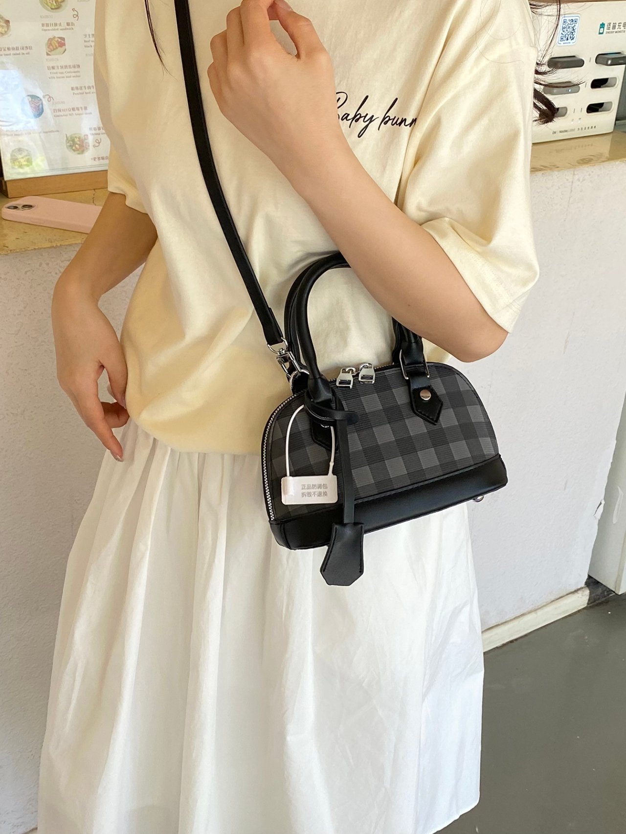 Black Plaid Dome Crossbody Bag