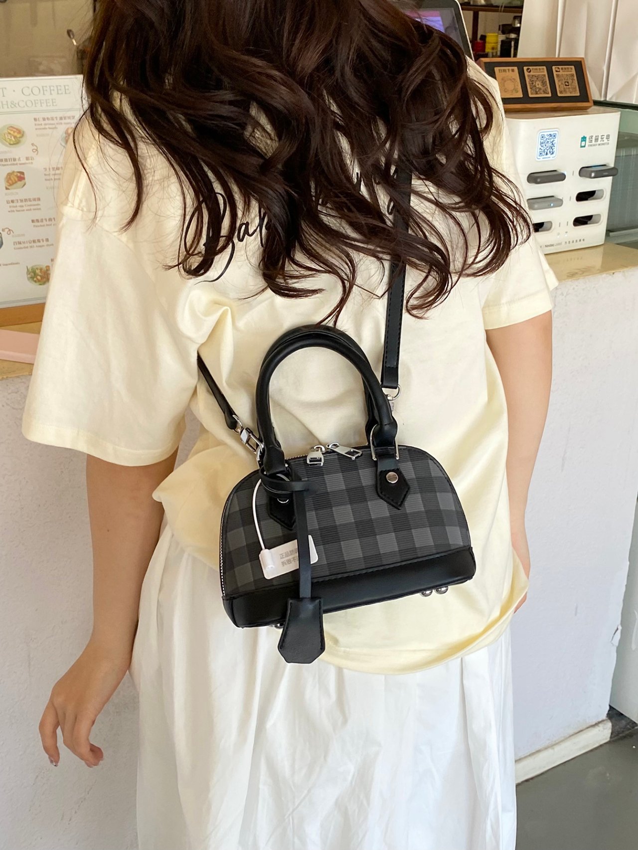 Black Plaid Dome Crossbody Bag