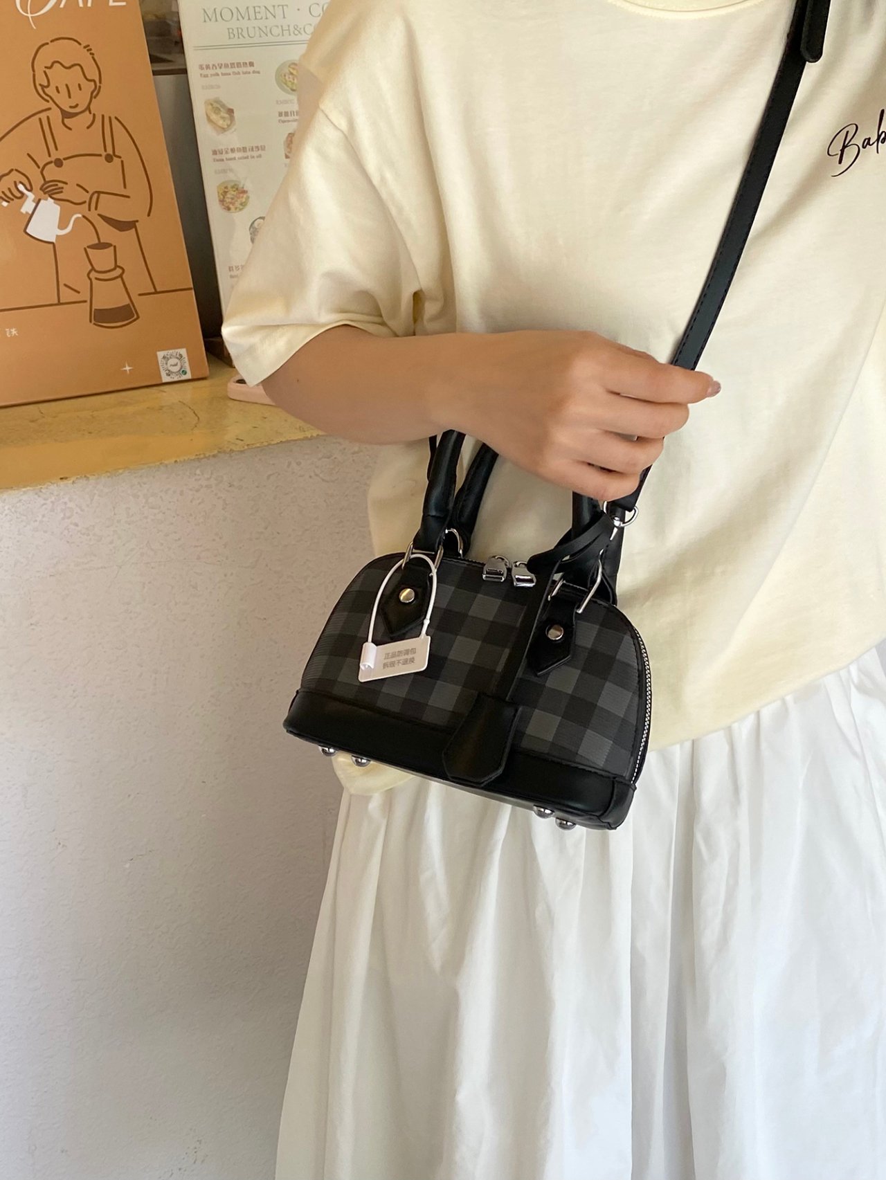 Black Plaid Dome Crossbody Bag