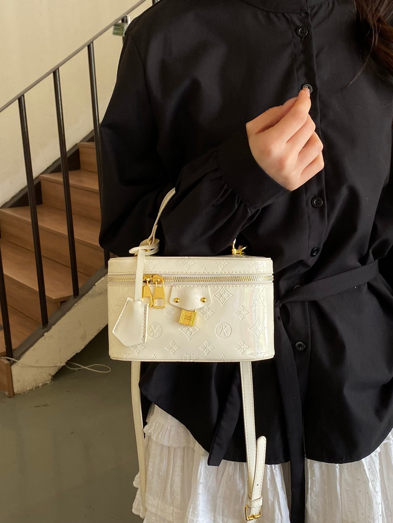 Off-White Crossbody Vanity Bag with Gold Accents