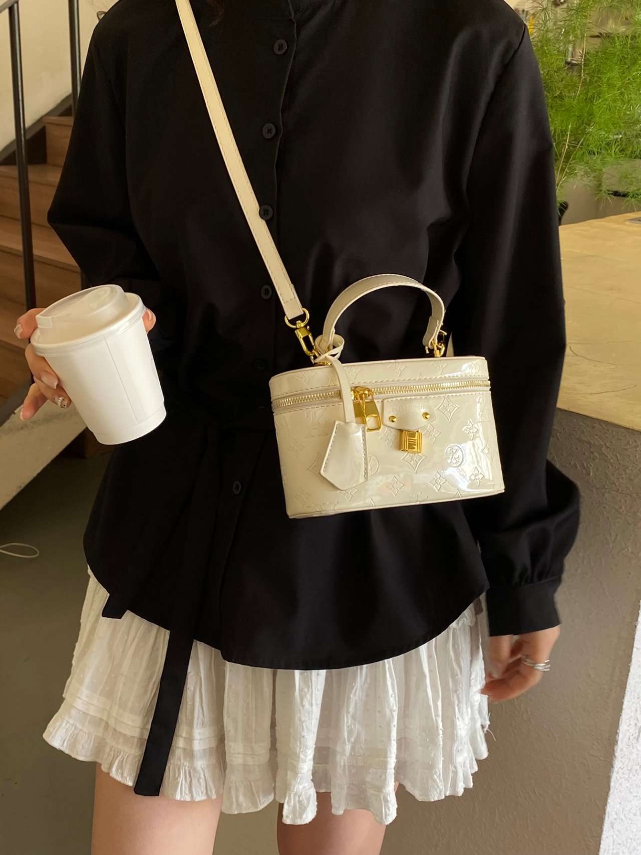 Off-White Crossbody Vanity Bag with Gold Accents