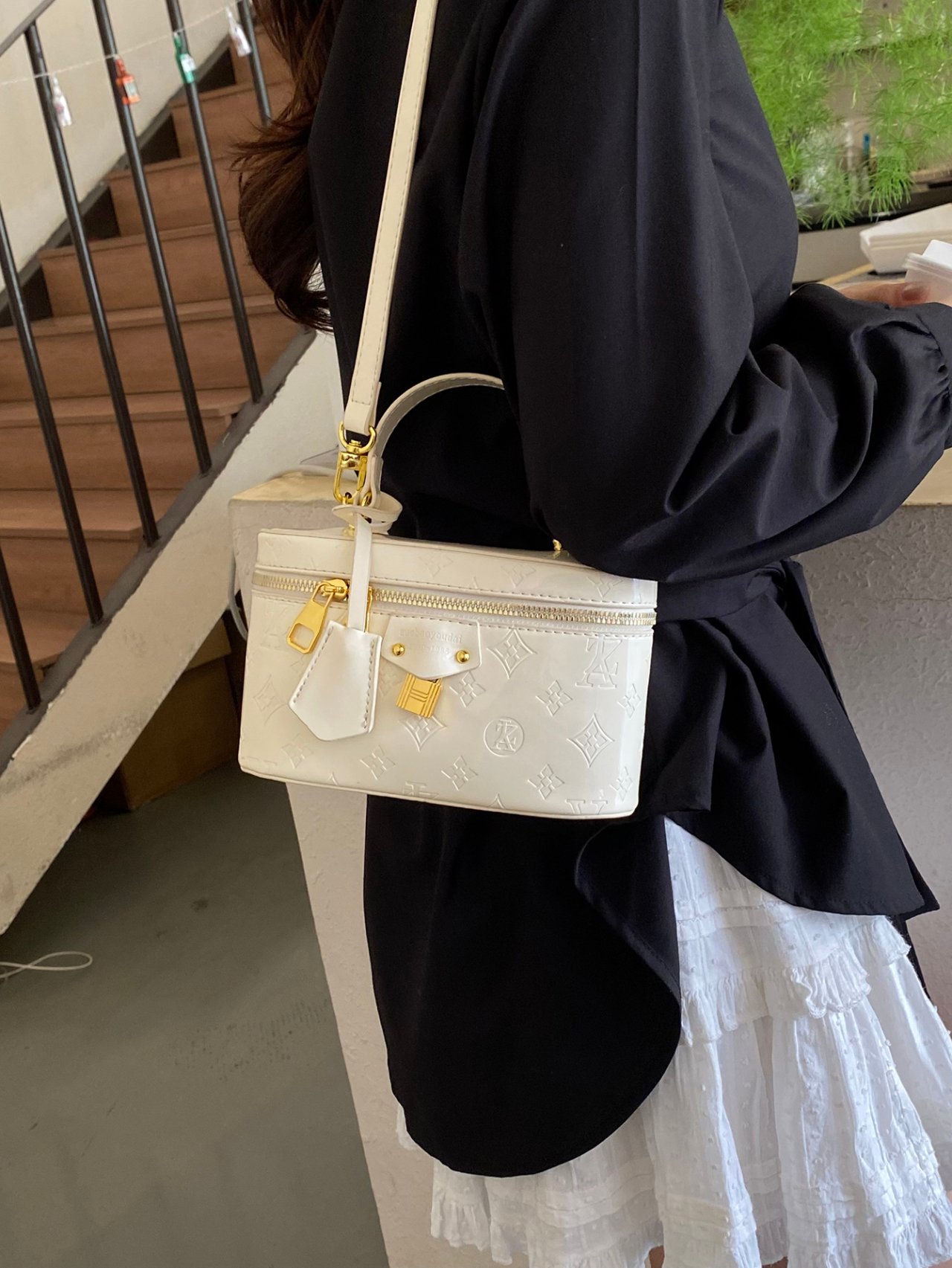 Off-White Crossbody Vanity Bag with Gold Accents