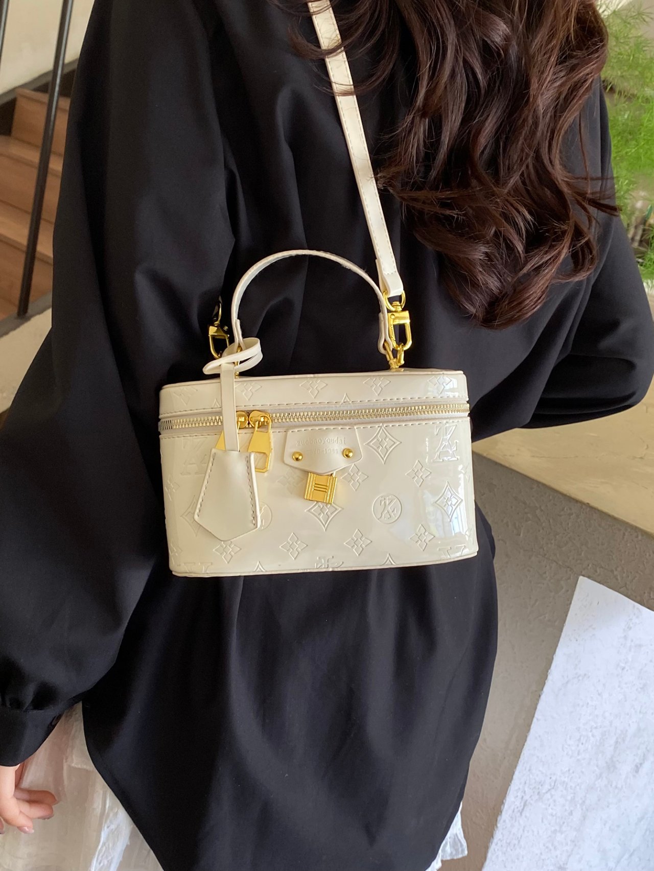 Off-White Crossbody Vanity Bag with Gold Accents