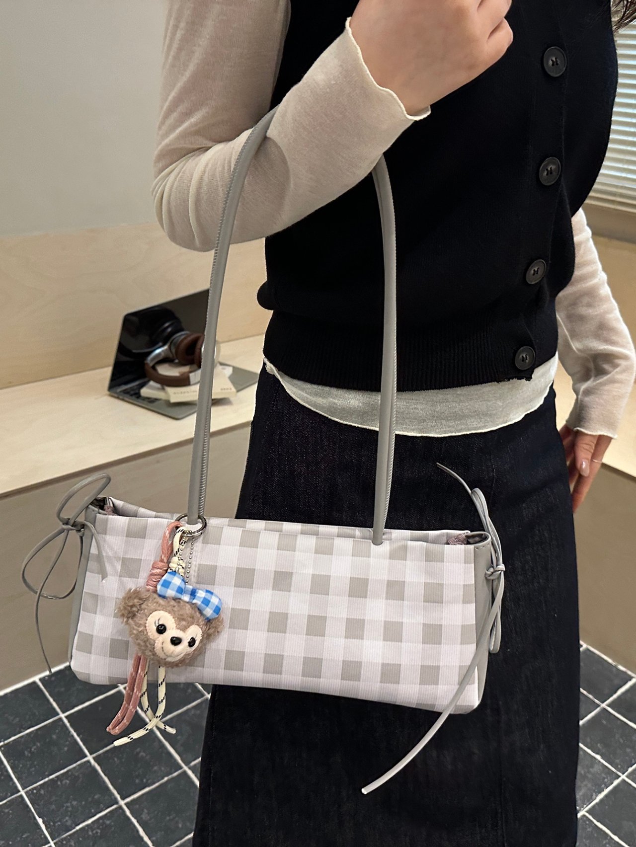 Grey Gingham Shoulder Bag with Charm