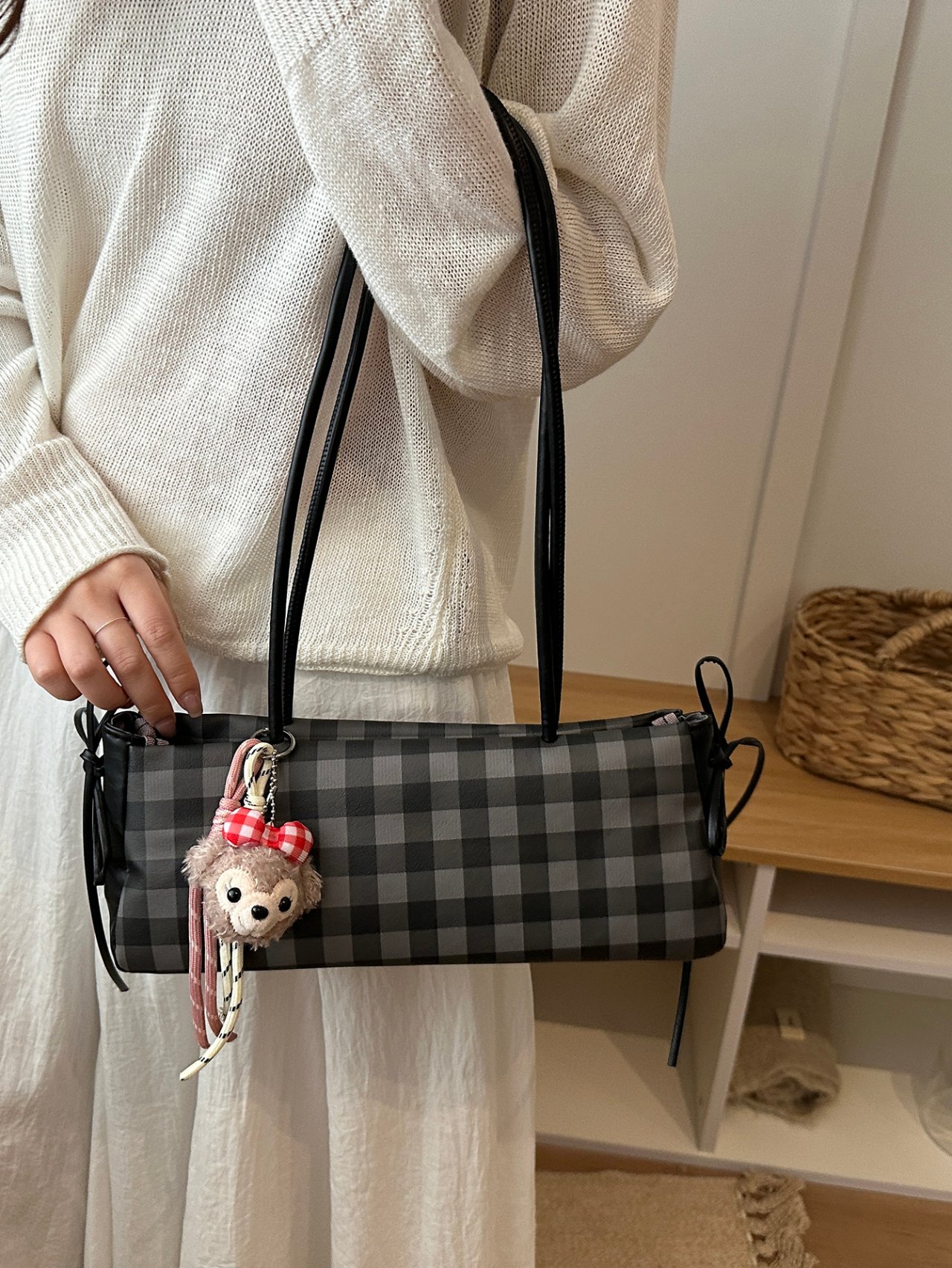 Plaid Shoulder Bag with Charm