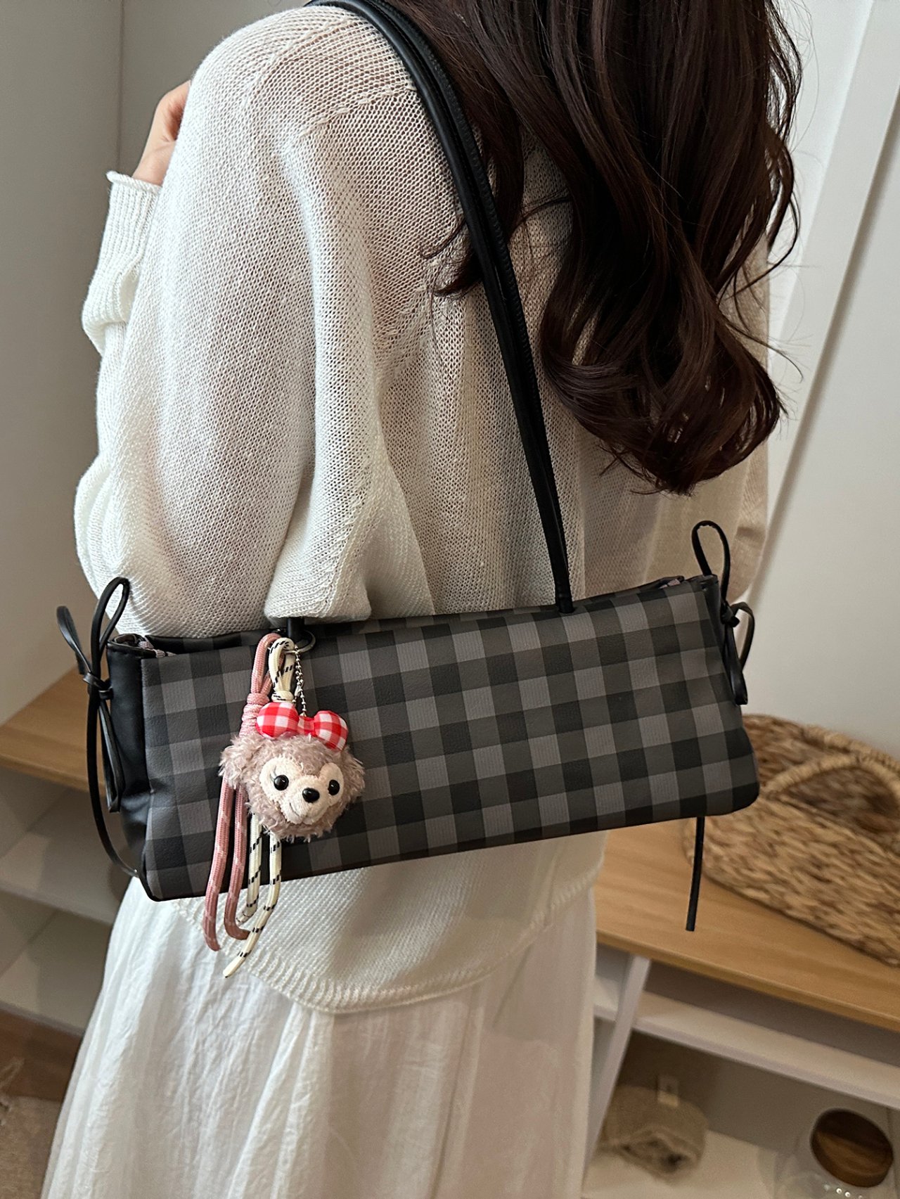 Plaid Shoulder Bag with Charm