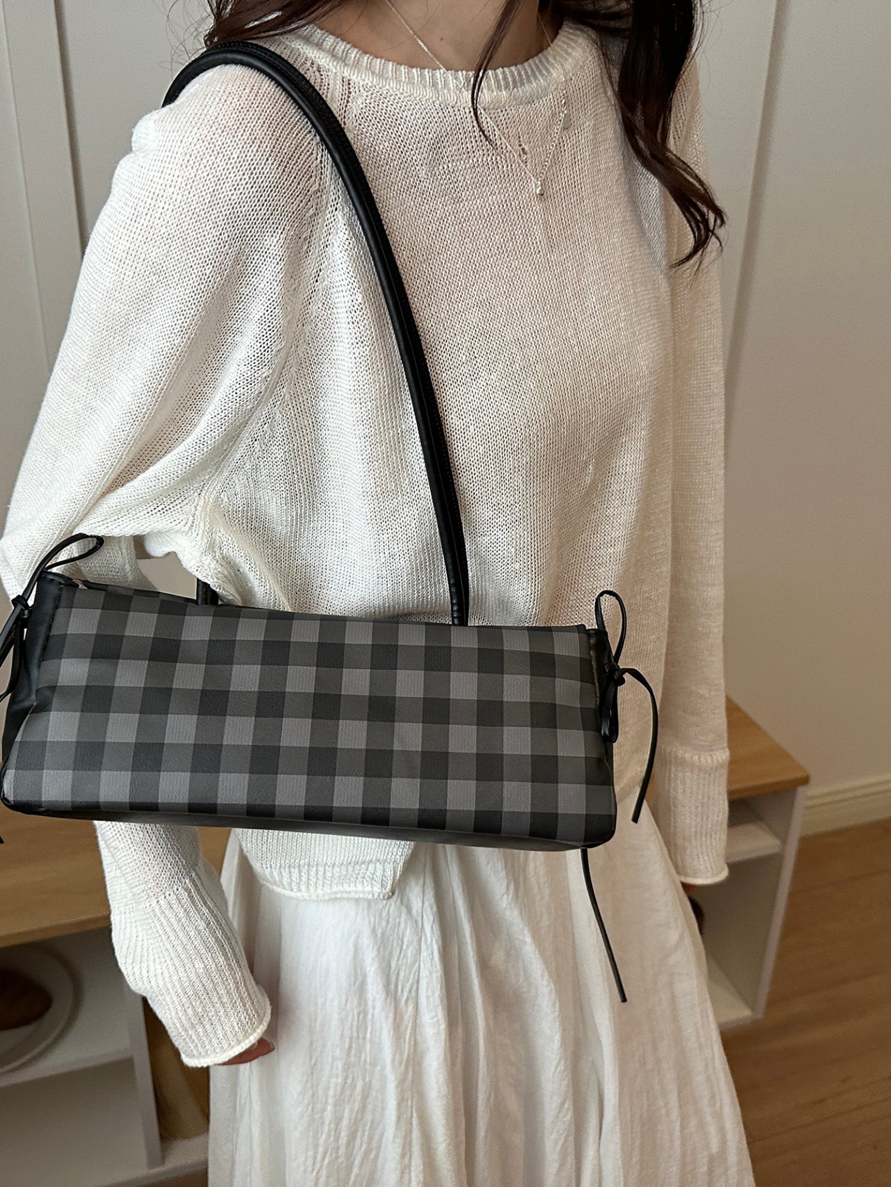 Plaid Shoulder Bag with Charm