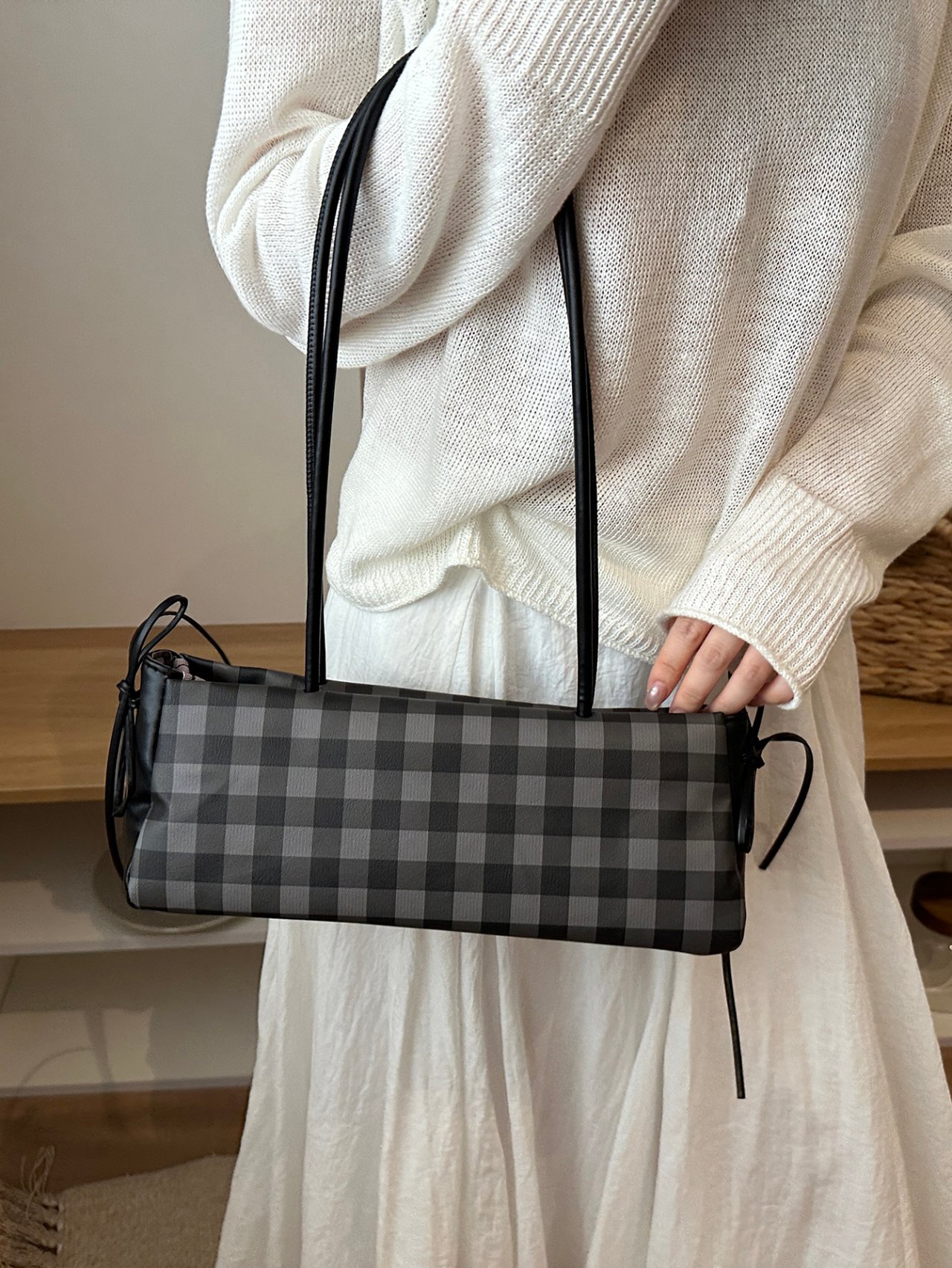 Plaid Shoulder Bag with Charm